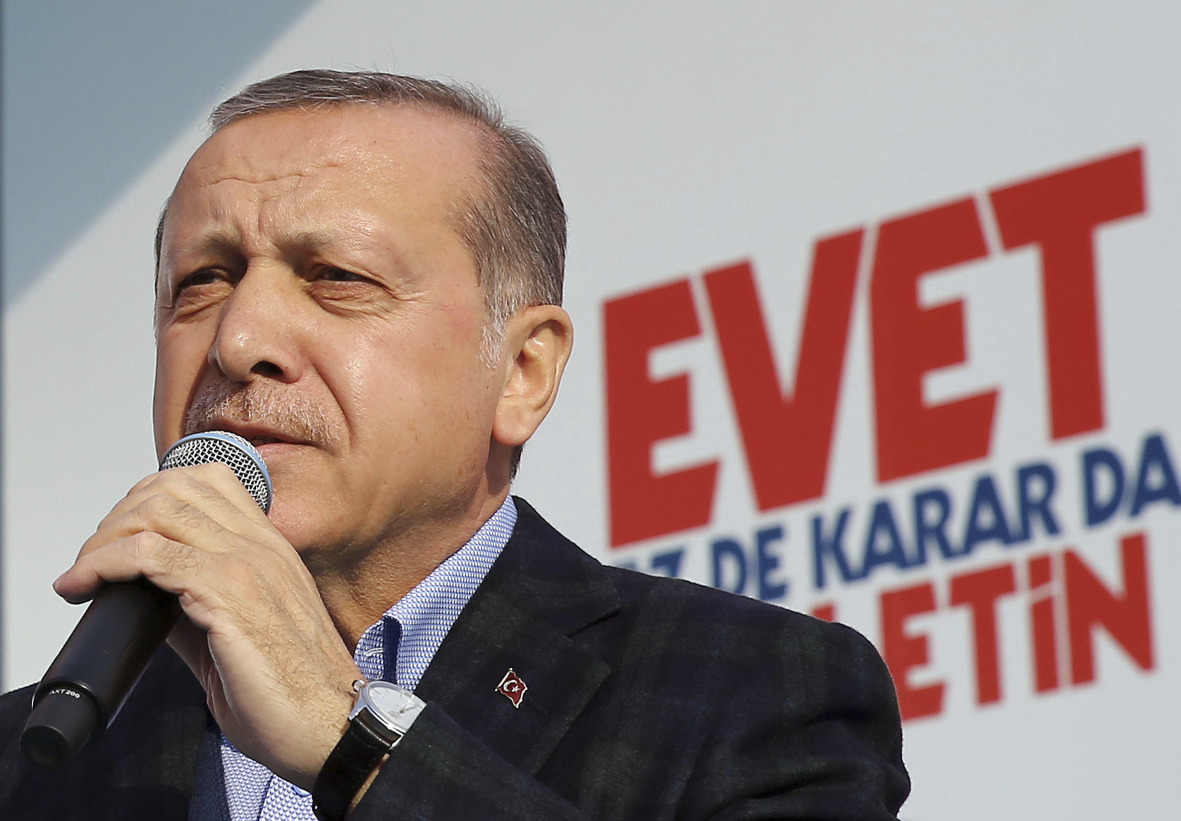 Turkey's President Recep Tayyip Erdogan addresses supporters during a referendum rally in Istanbul, Saturday, April 8, 2017. Turkey is heading to a contentious April 16 referendum on constitutional reforms to expand Erdogan's powers.(Kayhan Ozer/Presidential Press Service, Pool Photo via AP)
