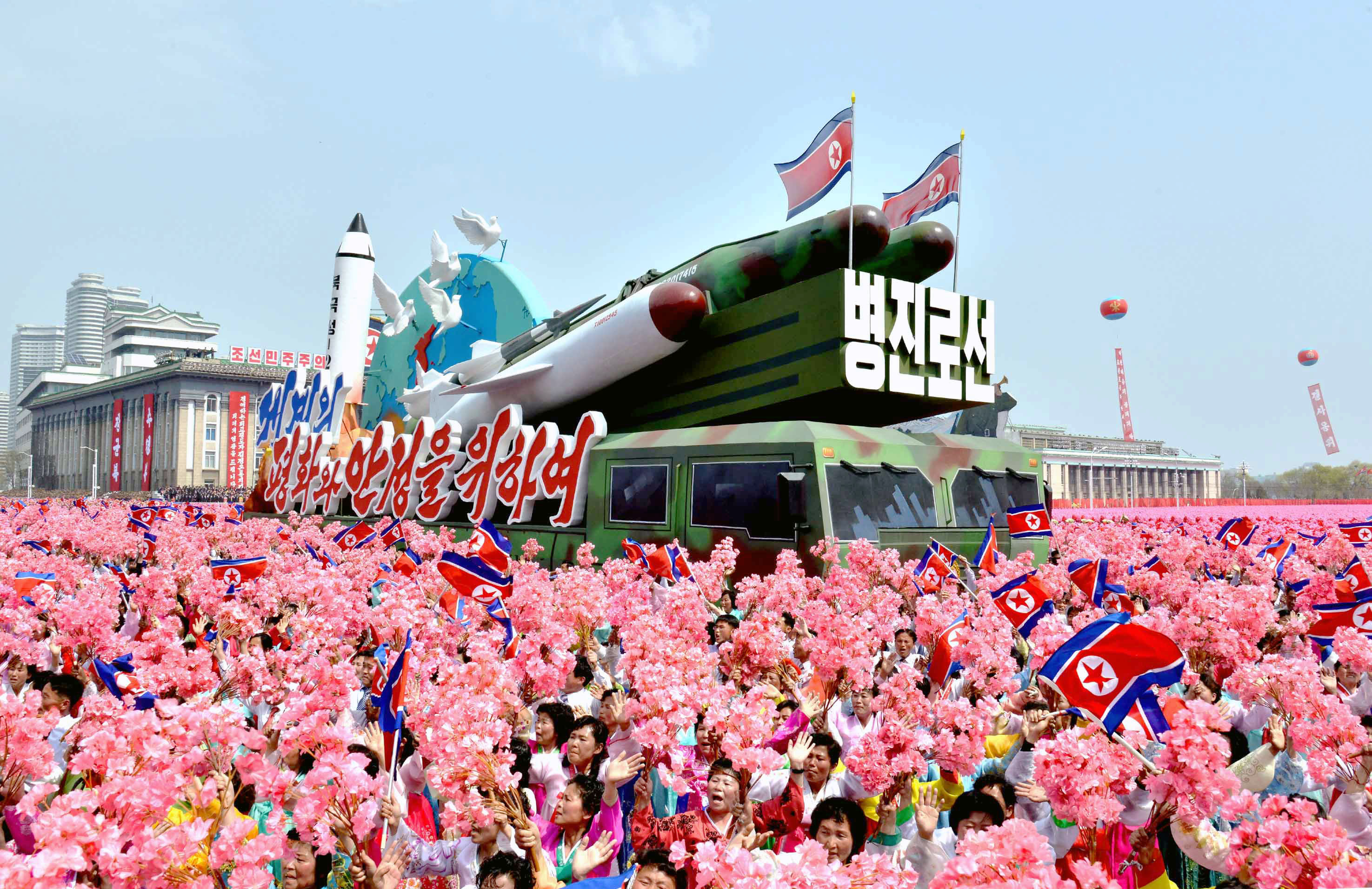 North Korea holds a military parade at Kim Il Sung Square in Pyongyang on April 15, 2017, as it marked the 105th anniversary of its founding leader's birth. (Kyodo)
==Kyodo