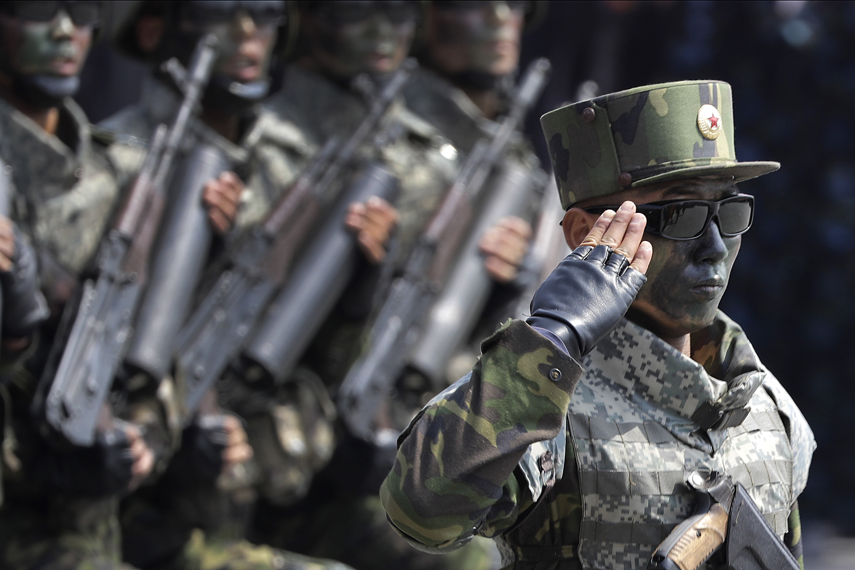 Commandoes march across Kim Il Sung Square during a military parade on Saturday, April 15, 2017, in Pyongyang, North Korea to celebrate the 105th birth anniversary of Kim Il Sung, the country's late founder and grandfather of current ruler Kim Jong Un. (AP Photo/Wong Maye-E)