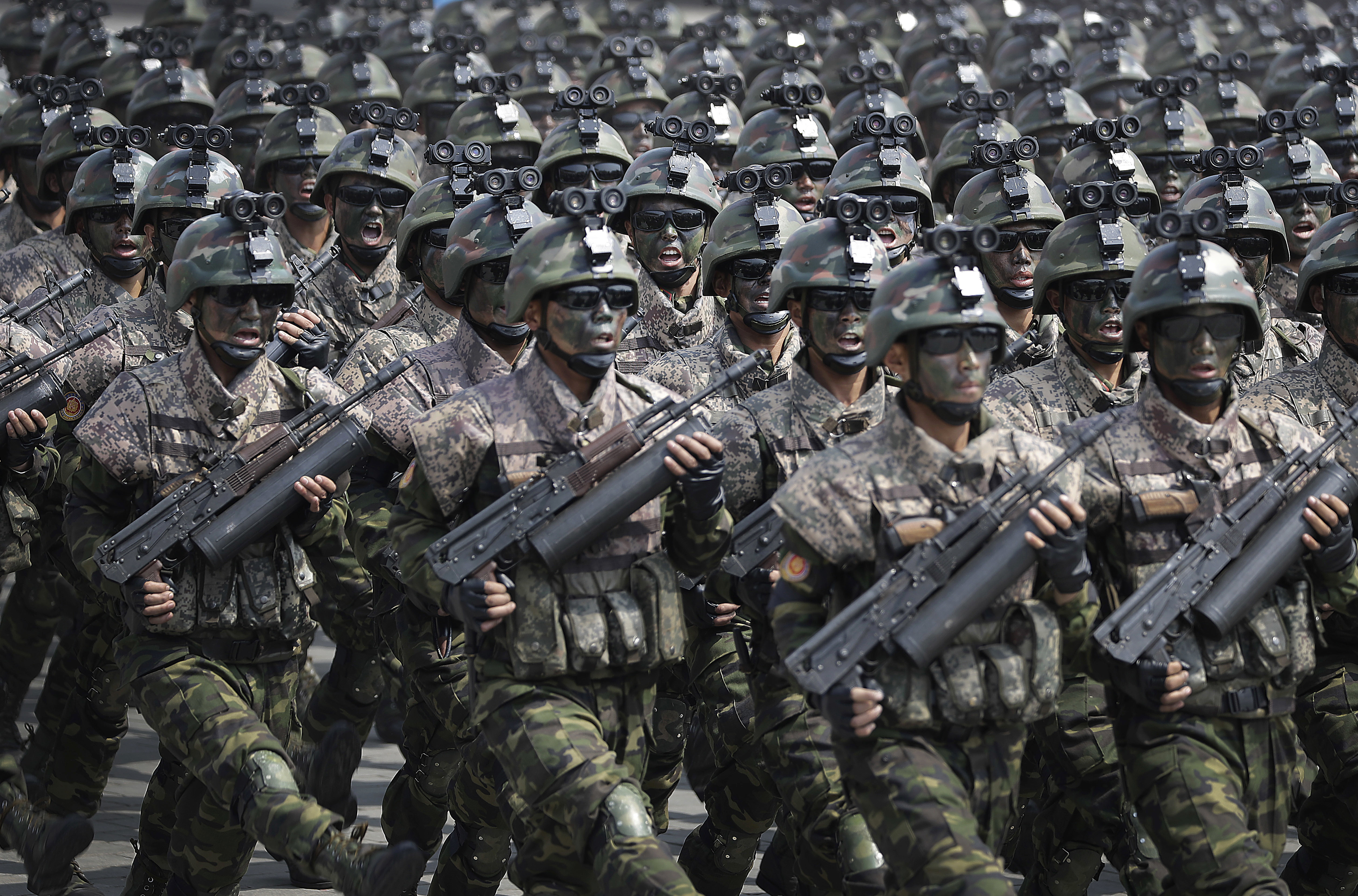 Commandoes march across the Kim Il Sung Square during a military parade on Saturday, April 15, 2017, in Pyongyang, North Korea to celebrate the 105th birth anniversary of Kim Il Sung, the country's late founder and grandfather of current ruler Kim Jong Un. (AP Photo/Wong Maye-E)