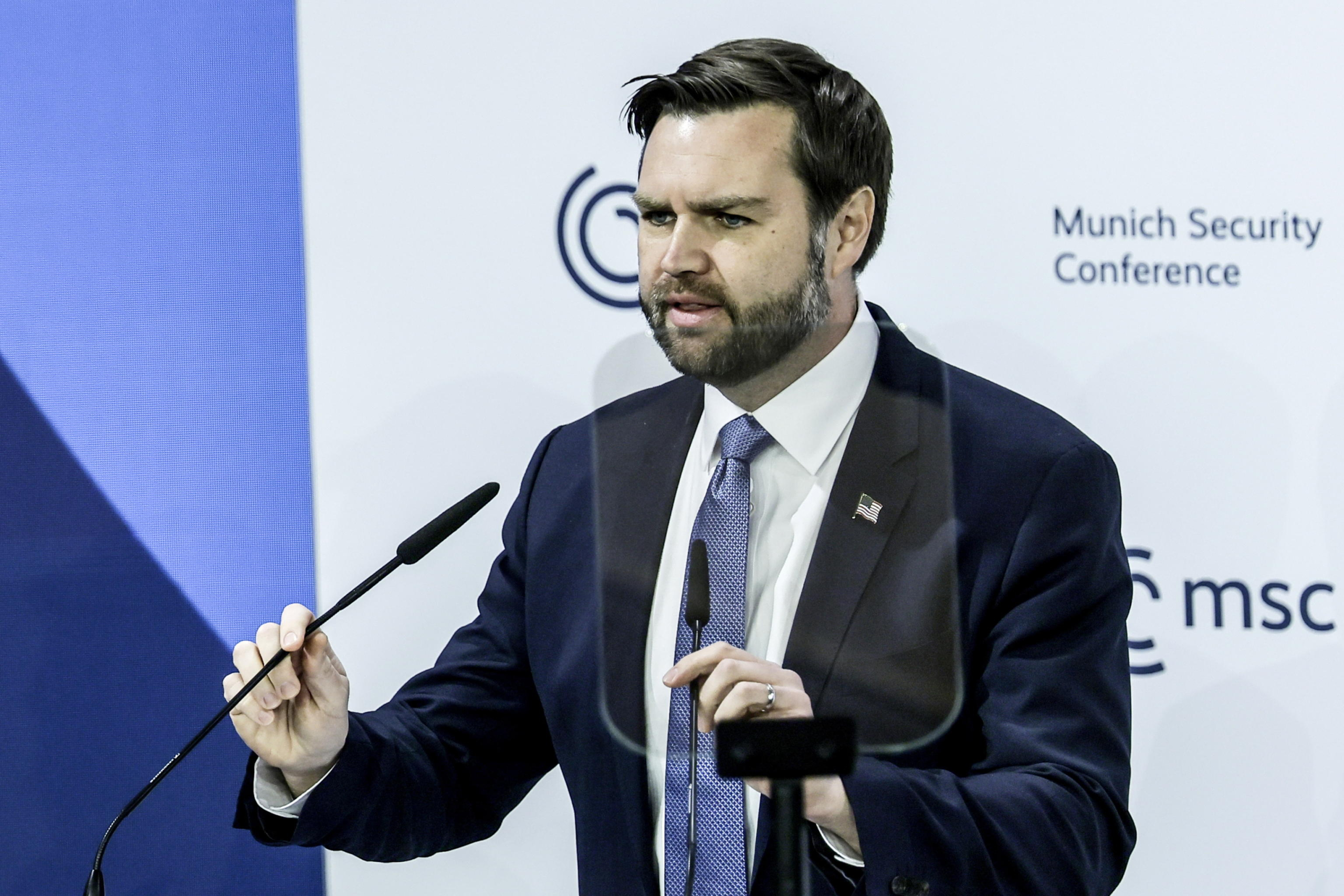 epa11895824 US Vice President JD Vance speaks during the 61st Munich Security Conference (MSC), in Munich, Germany, 14 February 2025. High-level international decision-makers meet at the 61st Munich Security Conference in Munich from 14 to 16 February 2025 during their annual meeting to discuss global security issues.  EPA/RONALD WITTEK