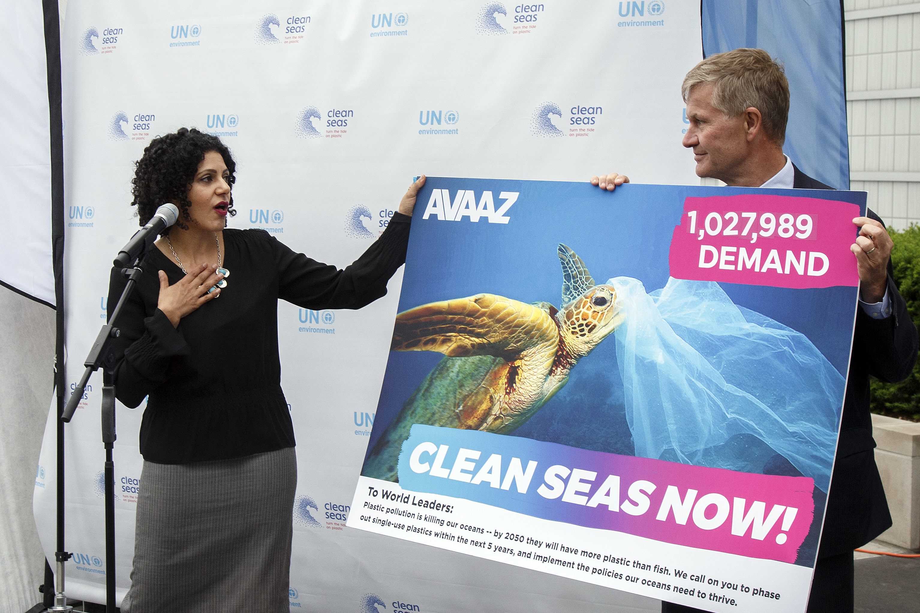 IMAGE DISTRIBUTED FOR AVAAZ - United Nations Environment head Erik Solheim receives an AVAAZ petition signed by over one million people urging action to reduce plastic pollution in the world's oceans, Tuesday, June 6, 2017, at U.N. Headquarters. (Jason DeCrow/AP Images for AVAAZ)
