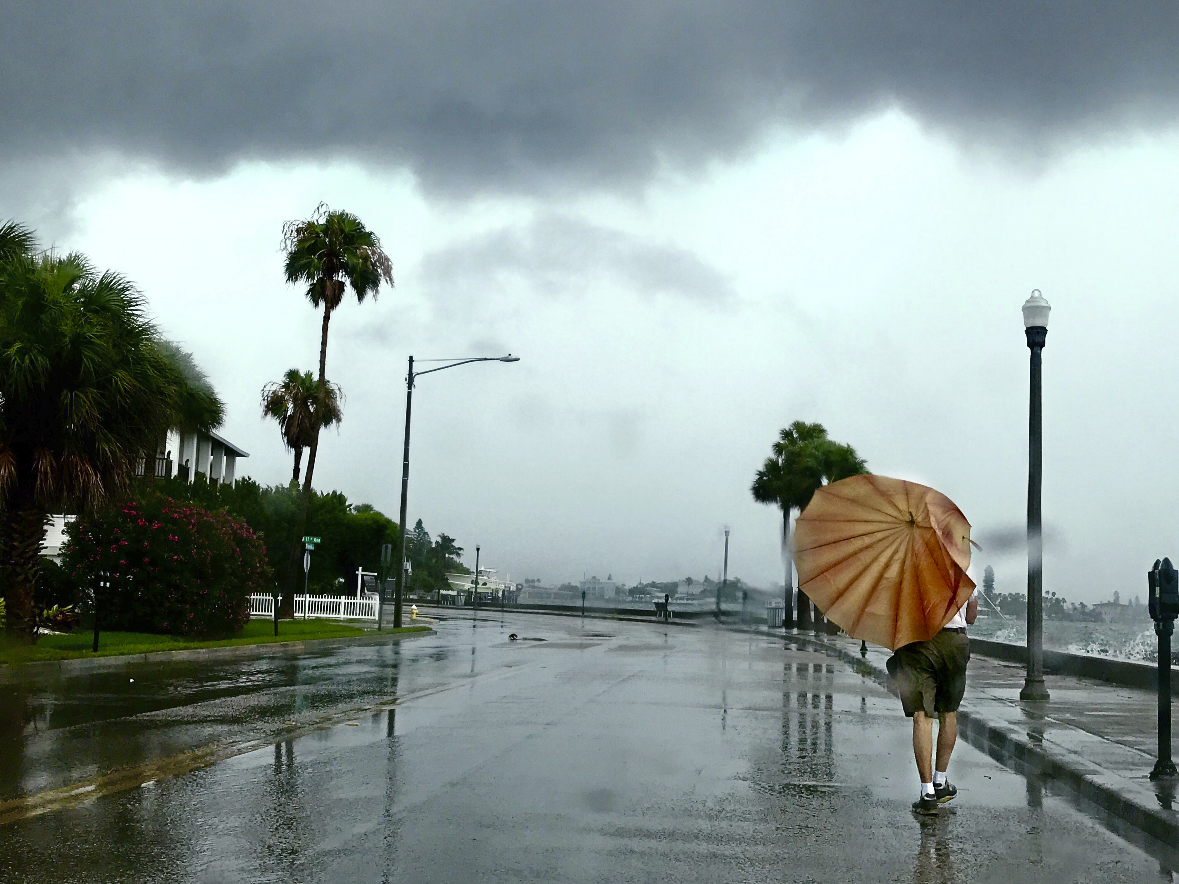 A pedestrian walks along Pass-a-Grille Way, as a rain storm moves over Strong storms move over Pass-a-Grille and St. Pete Beach, Fla., Wednesday, June 7, 2017. Wednesday brought more wet weather to the area. (Scott Keeler/Tampa Bay Times via AP)