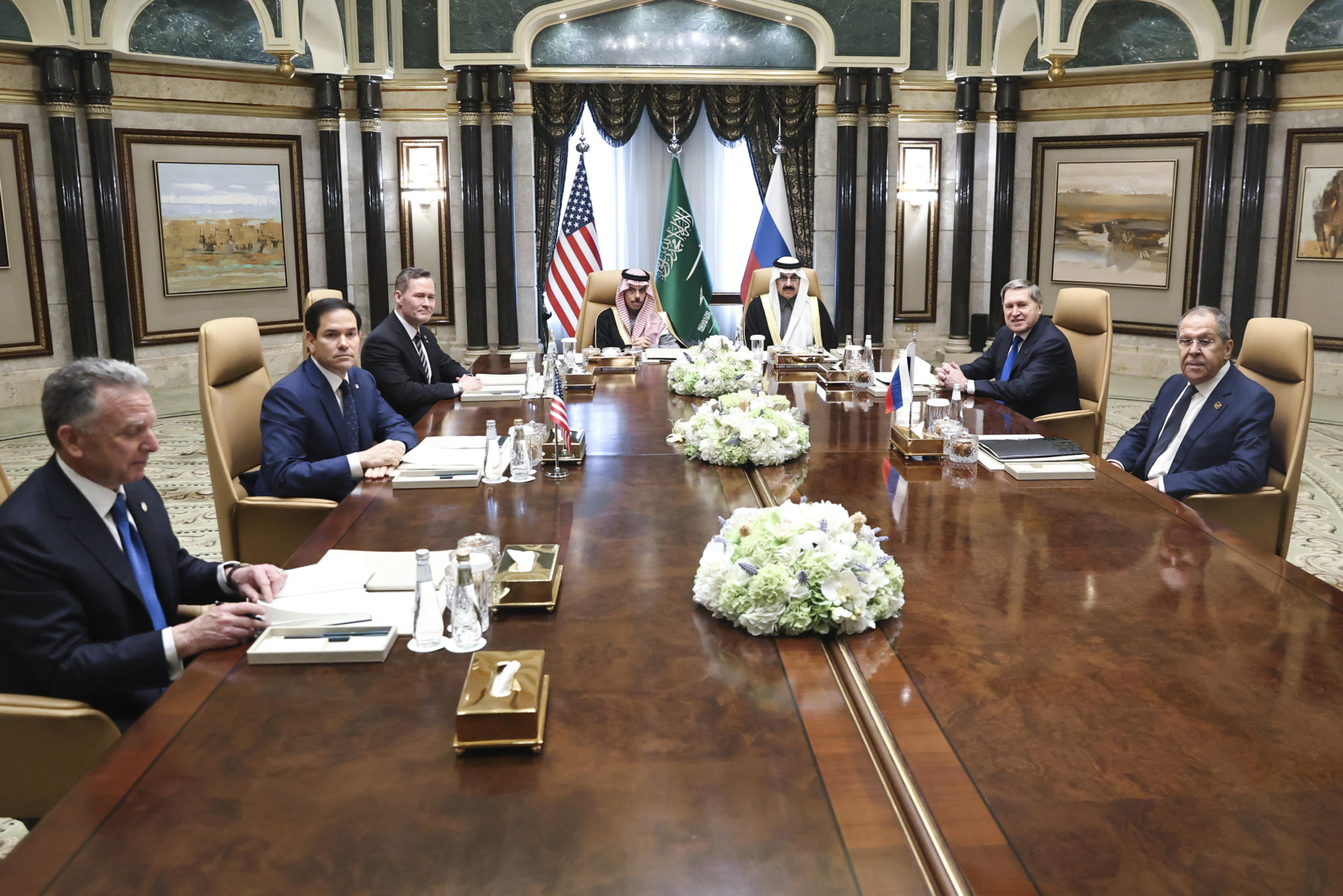 epa11905023 A handout photo made available by the Russian Foreign Ministry Press Service shows Russian Foreign Minister Sergey Lavrov (R) and Russian presidential aide Yury Ushakov (2-R) attending a meeting with US Secretary of State Marco Rubio (2-L), US National Security Advisor Mike Waltz (3-L) and US Middle East envoy Steve Witkoff (L), Saudi Foreign Minister Prince Faisal bin Farhan Al Saud and Saudi National Security Advisor Mosaad bin Mohammad Al-Aiban at Diriyah Palace in Riyadh, Saudi Arabia, 18 February 2025. The agenda of the meeting of the Russian presidential aide Yuri Ushakov, Russian Foreign Minister Sergey Lavrov with American officials in Riyadh on 18 February is devoted to the restoration of the entire range of bilateral relations, as well as the preparation of possible negotiations on the Ukrainian settlement, the Kremlin reported.  EPA/RUSSIAN FOREIGN MINISTRY PRESS SERVICE HANDOUT HANDOUT EDITORIAL USE ONLY/NO SALESHANDOUT EDITORIAL USE ONLY/NO SALES