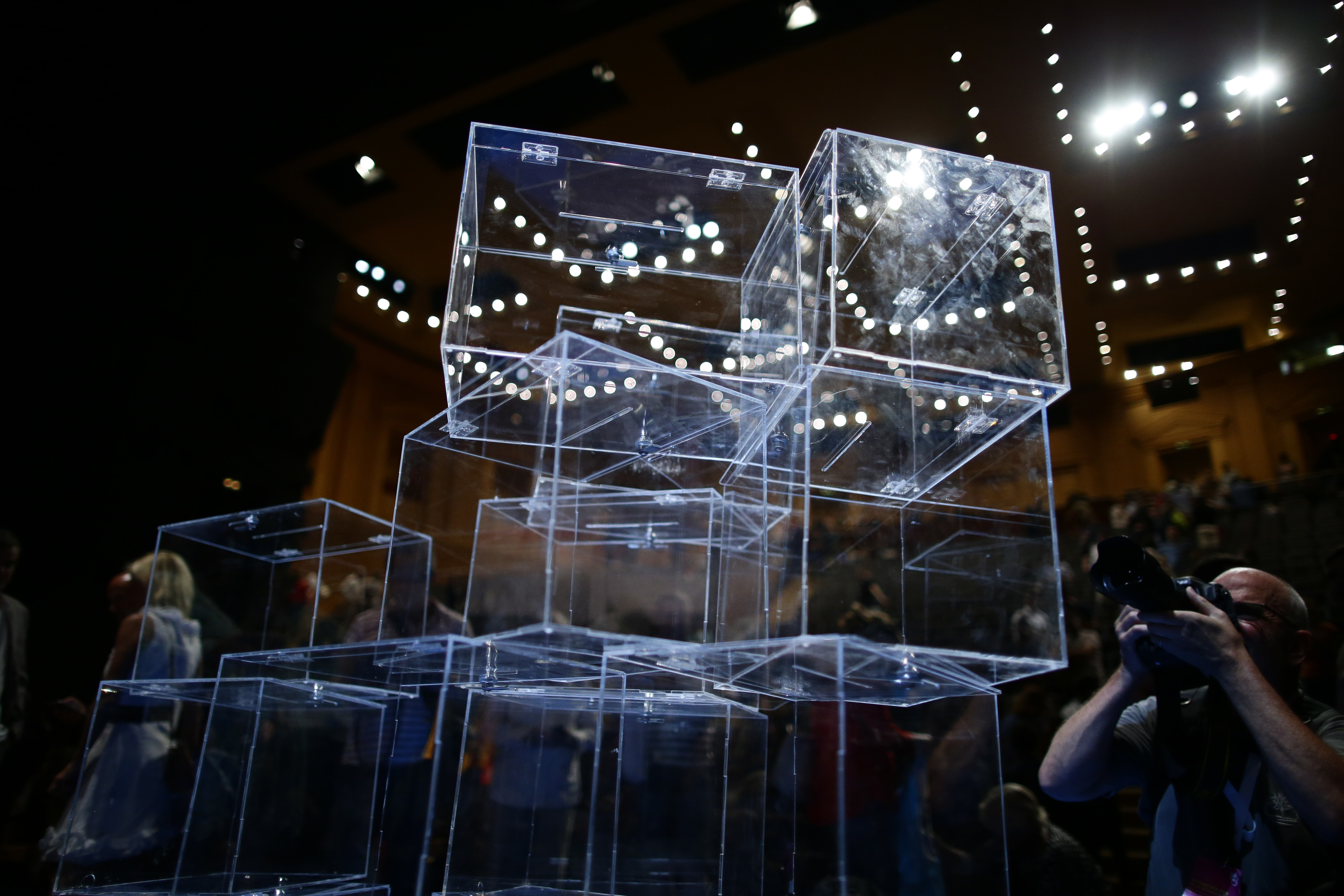 Ballot boxes during a pro-independence meeting in Barcelona, Spain, Tuesday, July, 4, 2017. Catalonia's regional government chose October 1st for a referendum on a split from Spain, stepping up the confrontation with central authorities who see the vote as illegal. (AP Photo/Manu Fernandez)