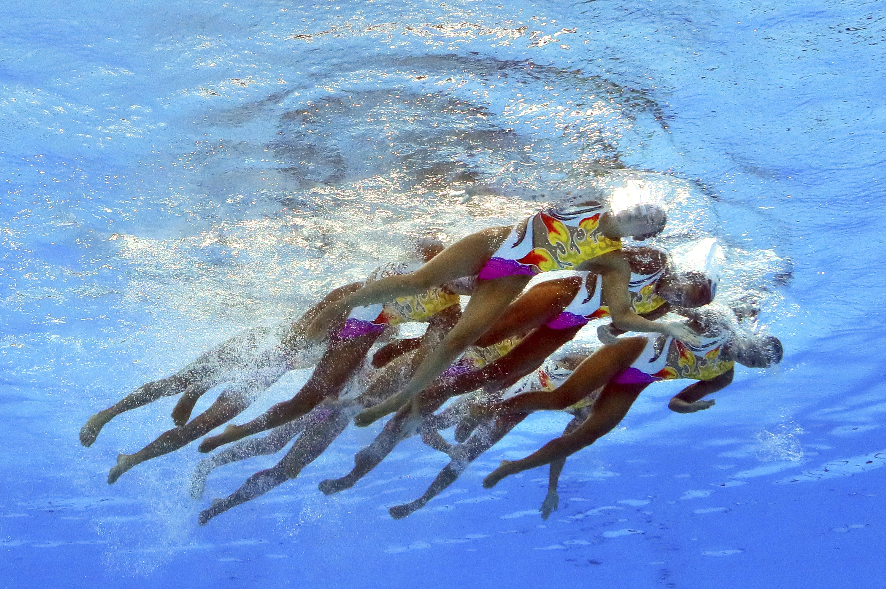 Japanese team compete during the women's team free in the synchronized swimming of the FINA World Championships at Budapest, Hungary, on July 19, 2017. ( The Yomiuri Shimbun via AP Images )