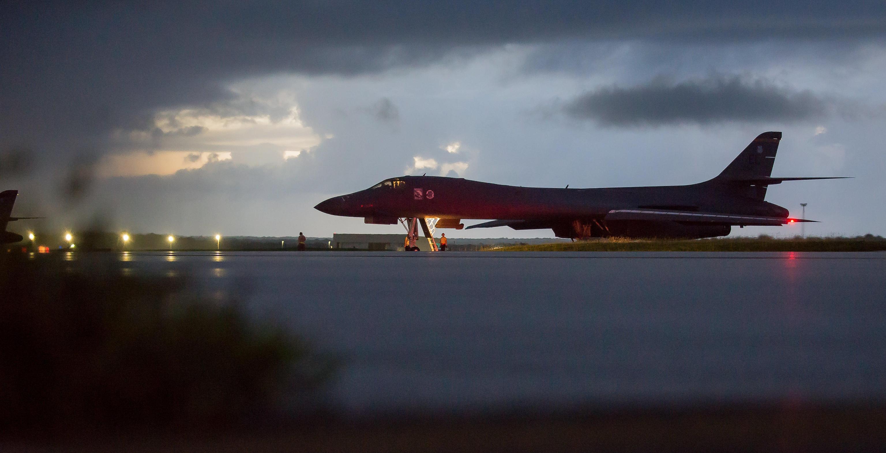 A handout photo made available by the US Air Force shows a US Air Force B-1B Lancer, assigned to the 37th Expeditionary Bomb Squadron, deployed from Ellsworth Air Force Base, South Dakota, prepares to take off from Andersen AFB, Guam, 23 September 2017. According to the US Air Force, its B-1B Lancer bombers from Guam and US Air Force F-15C Eagle fighter escorts from Okinawa, Japan, flew in international airspace over waters east of North Korea.  ANSA/SGT. JOSHUA SMOOT/US AIR FORCE HANDOUT  HANDOUT EDITORIAL USE ONLY/NO SALES