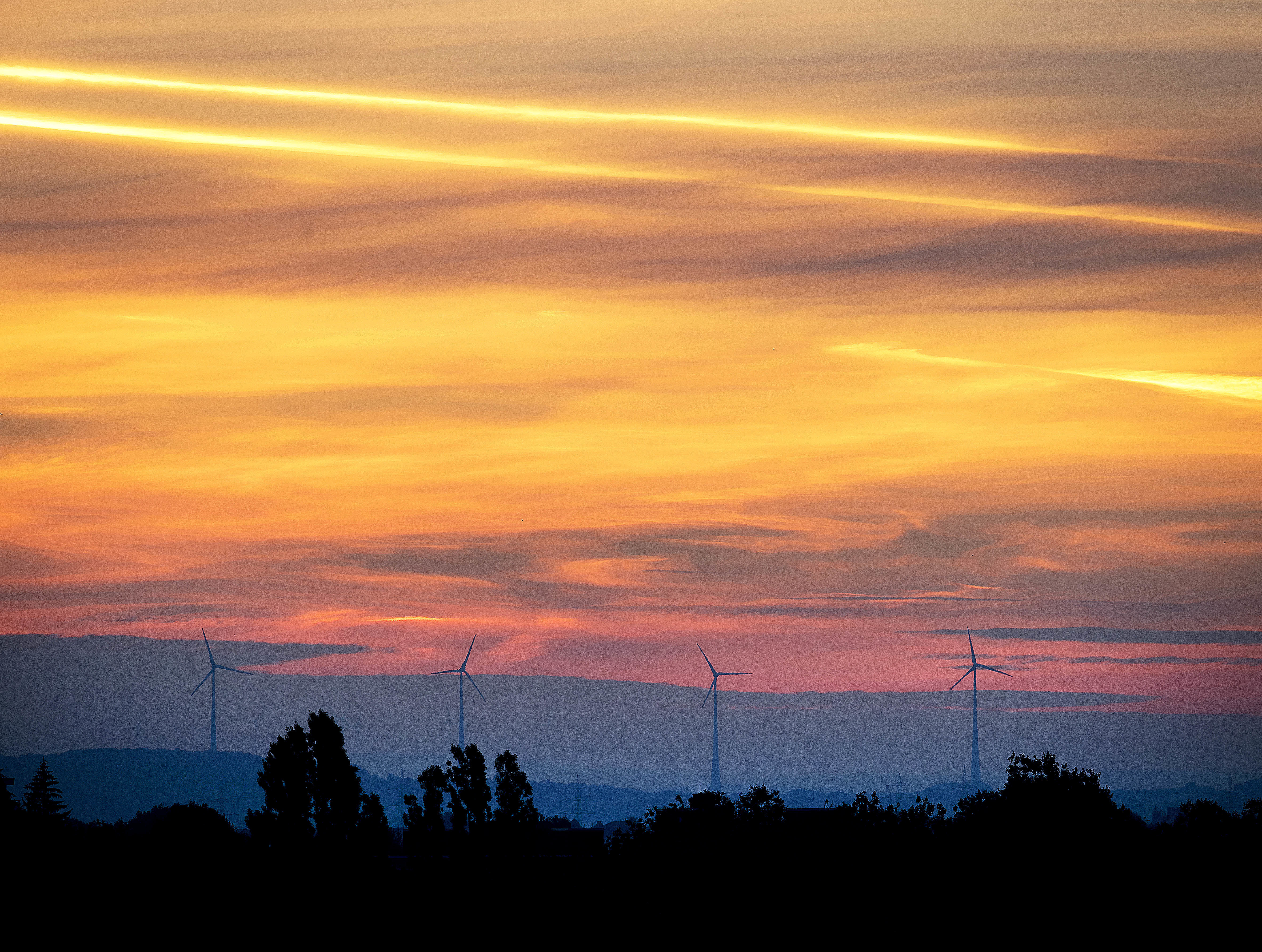 Wind power plants are silhouetted just before sunrise near Frankfurt, Germany, Tuesday, Sept. 11, 2018. (AP Photo/Michael Probst)