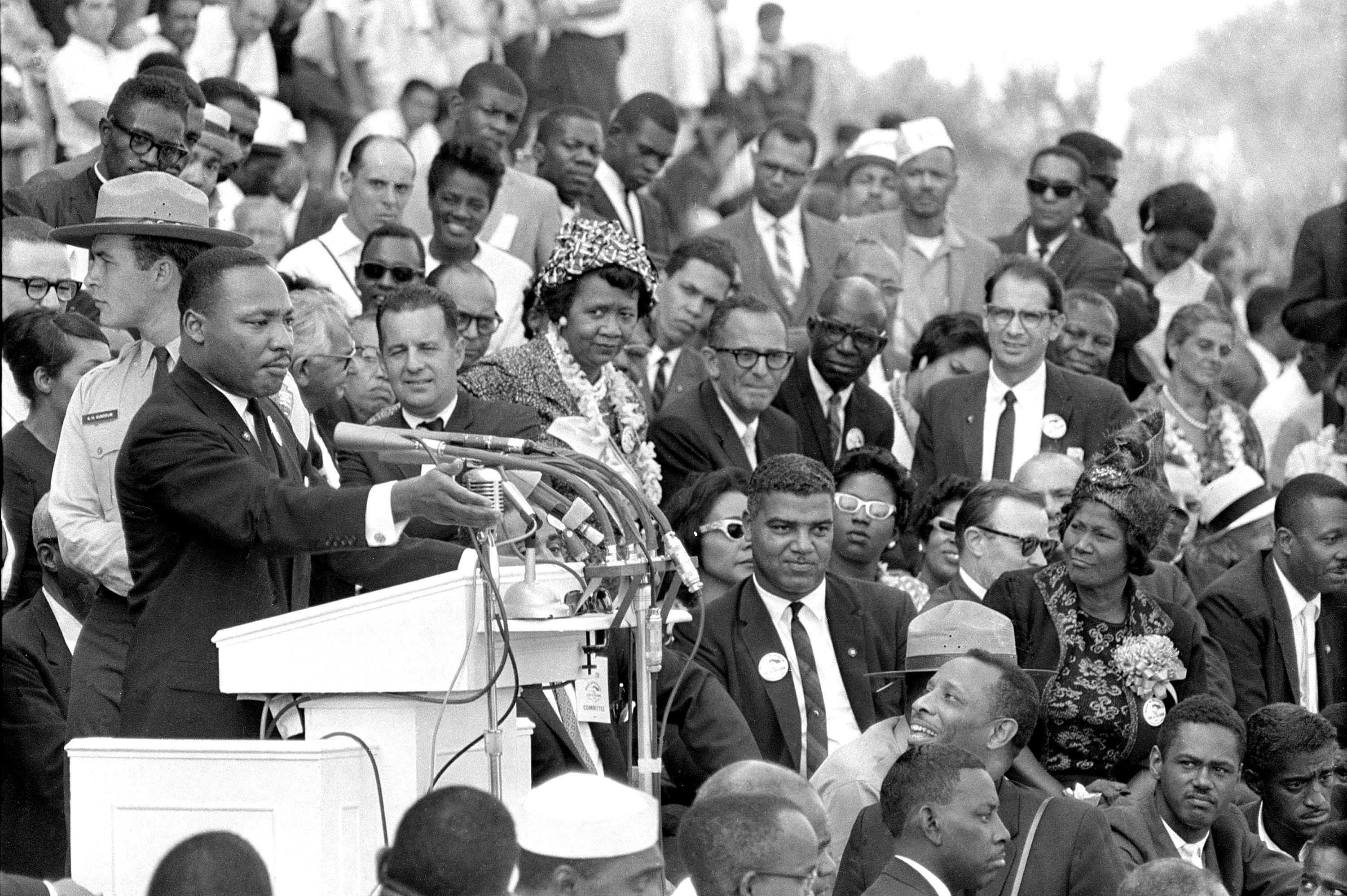 In this Aug. 28, 1963 photo, The Rev. Dr. Martin Luther King Jr., head of the Southern Christian Leadership Conference, gestures during his 