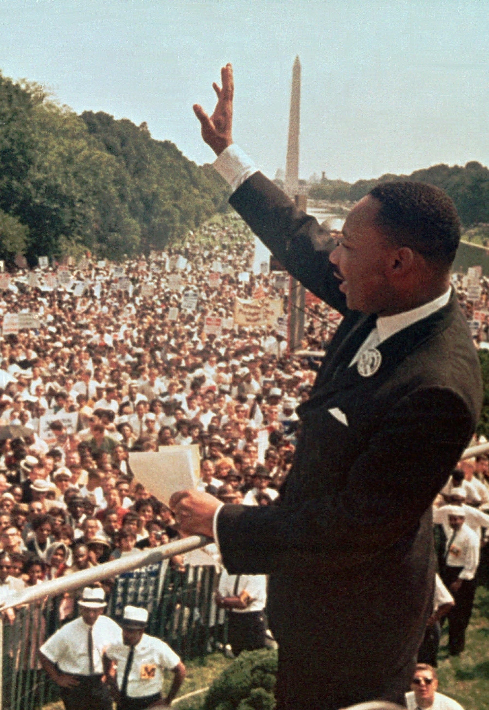 FILE - In this Aug. 28, 1963 file photo, the Rev. Dr. Martin Luther King, Jr. acknowledges the crowd at the Lincoln Memorial for his 