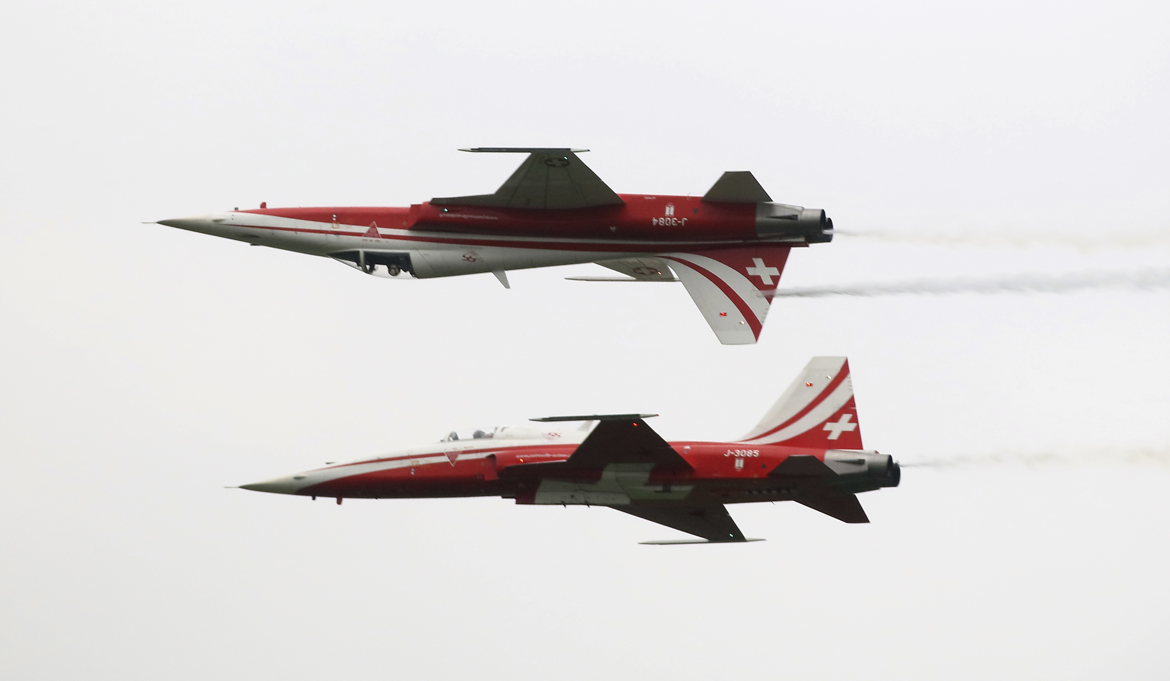 Patrouille Suisse on F-5 Tiger II perform their show during the Airpower 19 airplane show in Zeltweg, Styria, Austria, Friday, Sept. 6, 2019. (AP Photo/Ronald Zak)