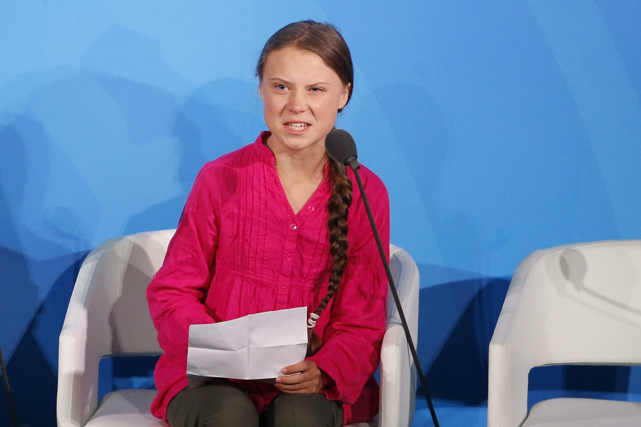 Environmental activist Greta Thunberg, of Sweden, addresses the Climate Action Summit in the United Nations General Assembly, at U.N. headquarters, Monday, Sept. 23, 2019. (AP Photo/Jason DeCrow)