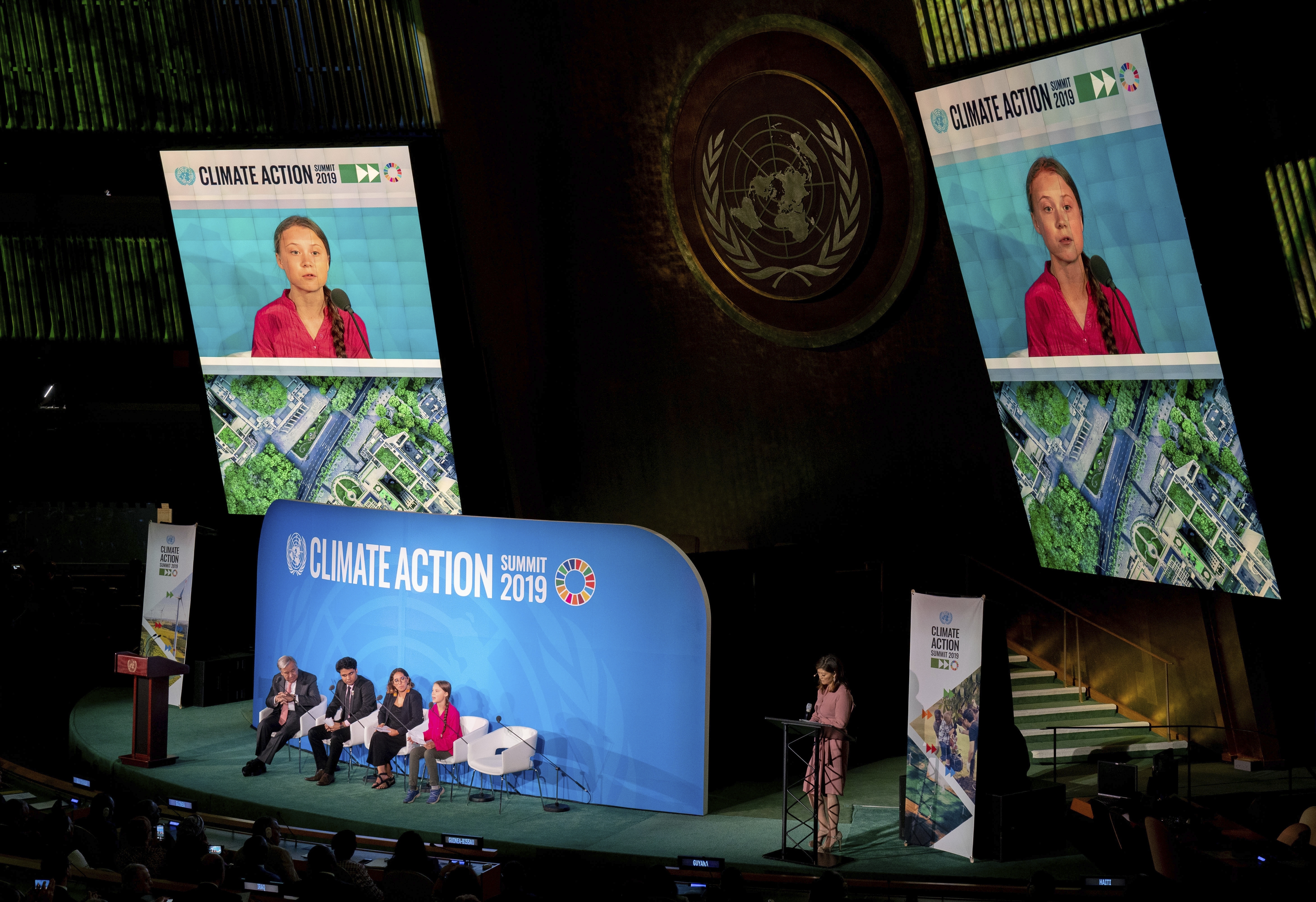 23 September 2019, US, New York: Greta Thunberg, climate activist and initiator of the environmental movement Fridays for Future, speaks at the UN climate summit at the United Nations. The United Nations expects more than 60 heads of state and government to present concrete, new plans to reduce CO2 emissions in short speeches lasting a maximum of three minutes. Photo by: Kay Nietfeld/picture-alliance/dpa/AP Images