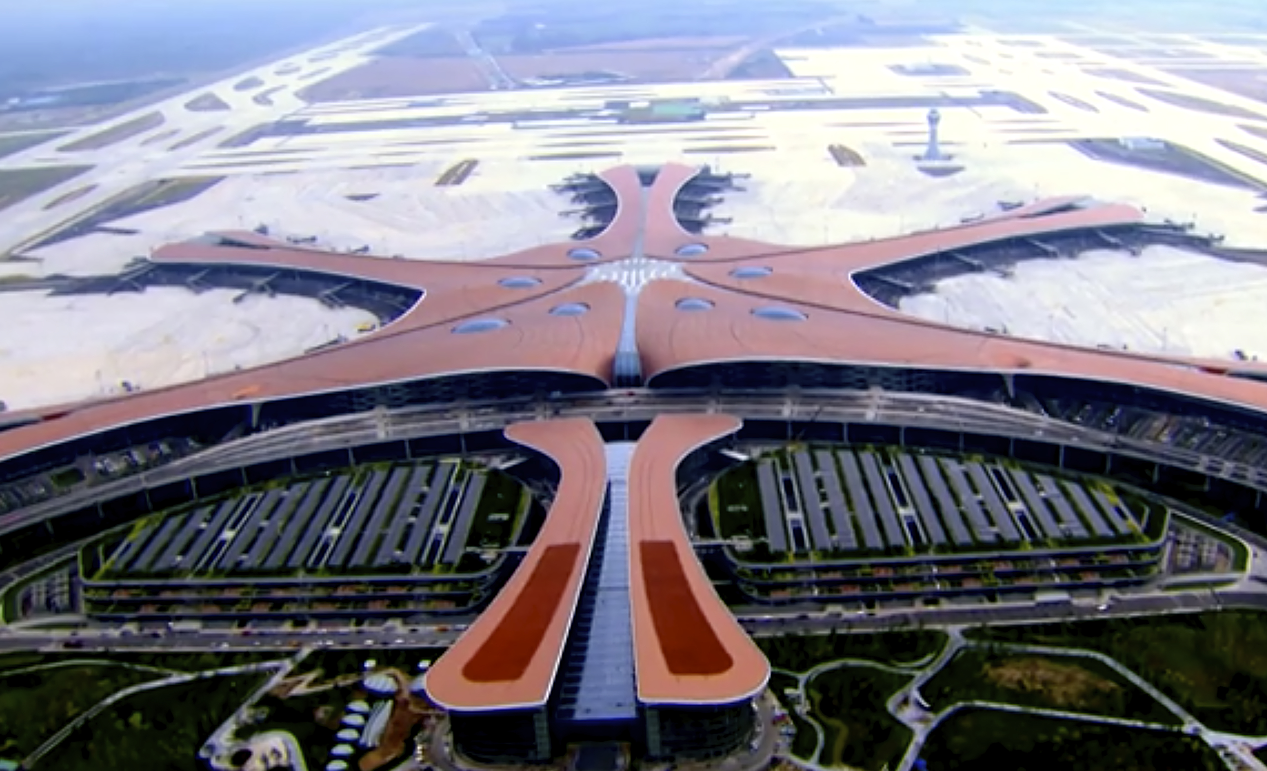 In this image made from CCTV video taken Sept. 17, 2019, an aerial view is seen of the new Beijing Daxing International Airport. The Chinese capital, Beijing, has opened a second international airport with a terminal billed as the world’s biggest. (CCTV via AP)