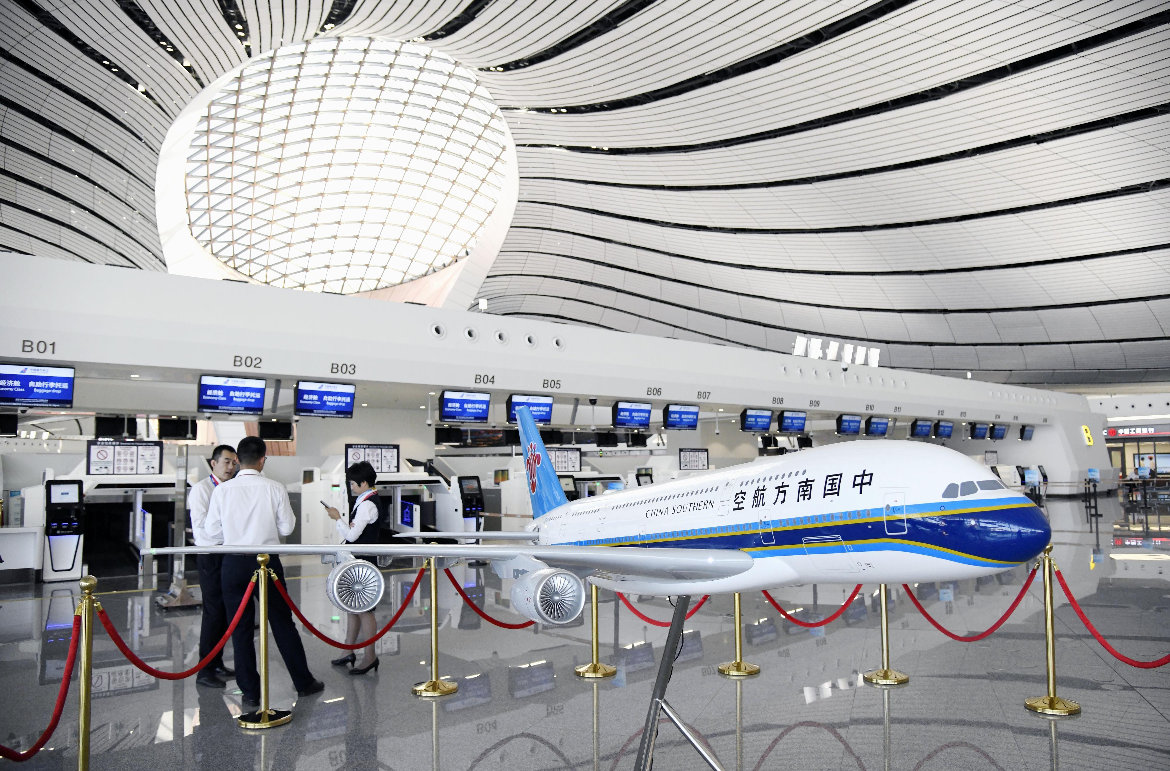The departure lobby is seen at the new Daxing International Airport ahead of the 70th founding anniversary of the People's Republic of China in Beijing, China  Wednesday, Sept. 25, 2019.(Naohiko Hatta/Kyodo News via AP)