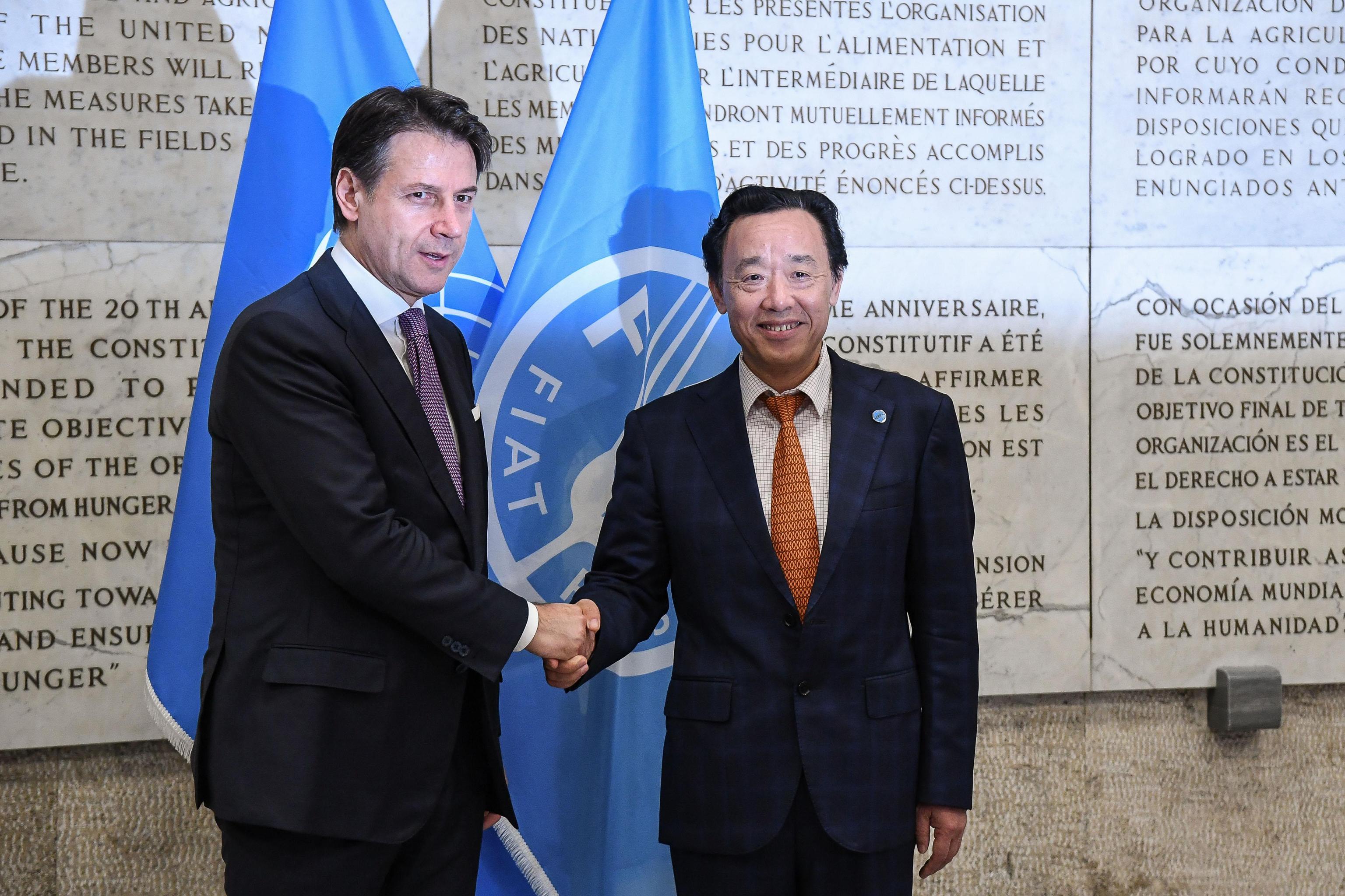 FAO Director General Qu Dongyu (R) and Italian Premier Giuseppe Conte (L) in the FAO, United Nation's Food and Agriculture Organization headquarter, during the World Food Day Wednesday, Rome, Italy 6 October 2019.
ANSA/ALESSANDRO DI MEO
