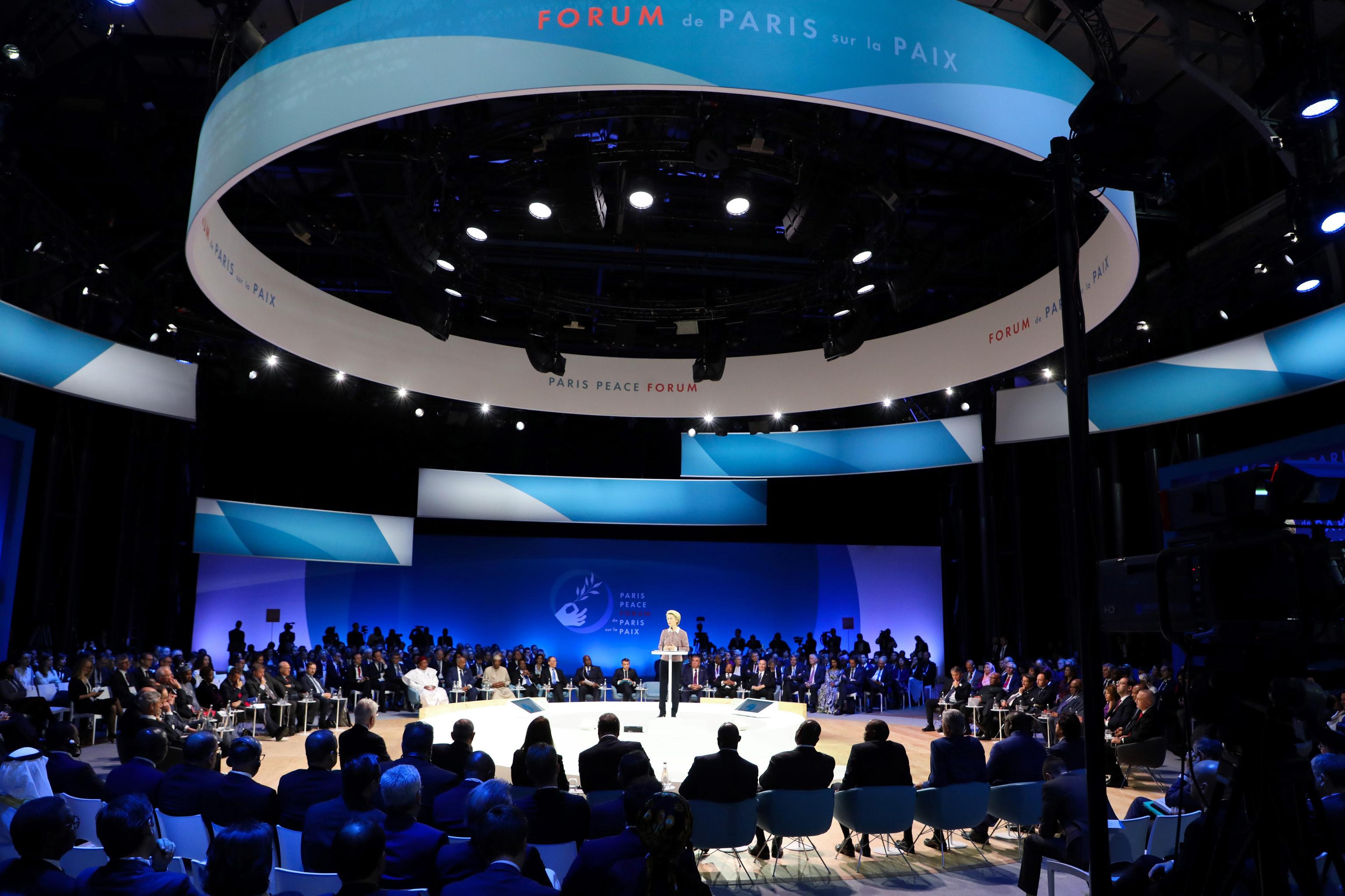 epa07990146 President-elect of the European Commission Ursula von der Leyen (C) delivers a speech at the start of the Paris Peace Forum, in Paris, France, 12 November 2019. The international event on global governance issues and multilateralism takes place on 12 to 13 November in Paris.  EPA/LUDOVIC MARIN / POOL MAXPPP OUT