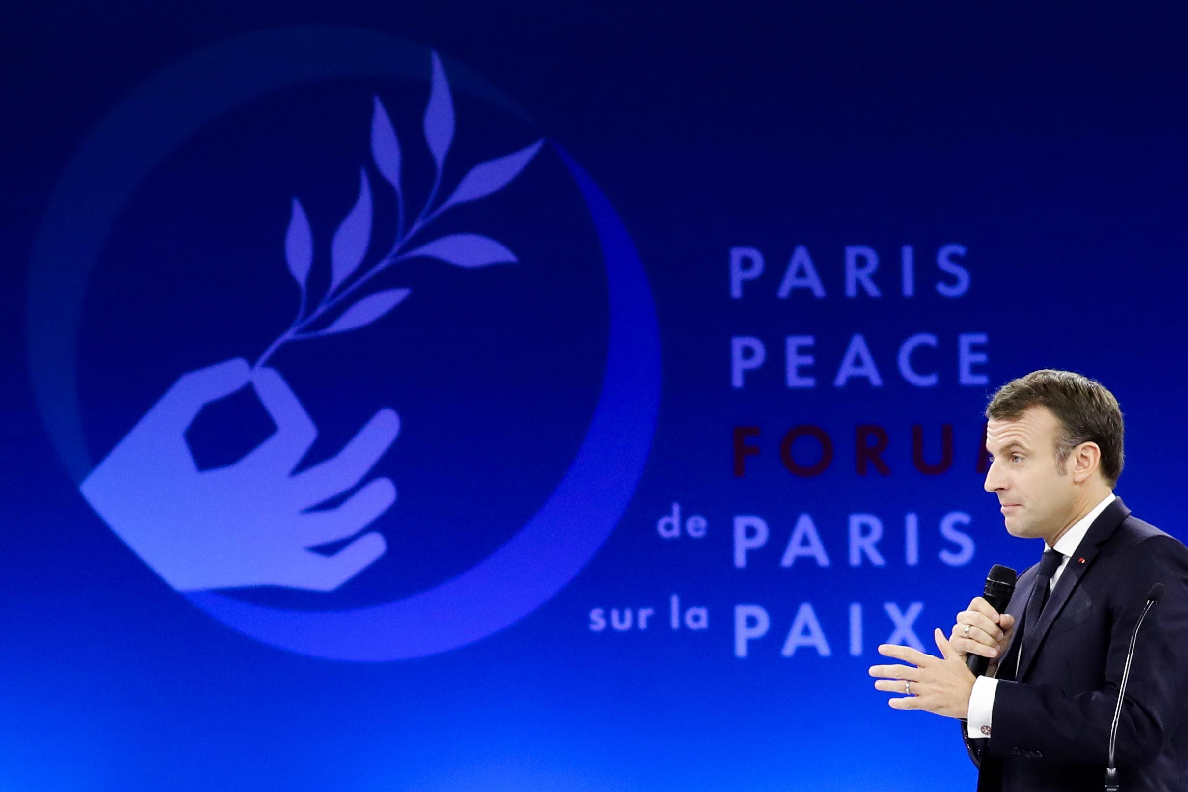 epa07990282 French President Emmanuel Macron delivers a speech during the plenary session of the Paris Peace Forum, in Paris, France, 12 November 2019. The international event on global governance issues and multilateralism takes place on 12 to 13 November in Paris.  EPA/LUDOVIC MARIN / POOL MAXPPP OUT