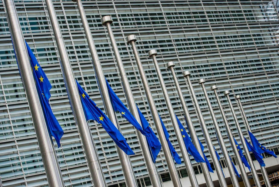 Bandiere dell'Unione europea a mezz'asta in segno di lutto per le vittime dell'attentato terroristico a Nizza foto Ansa