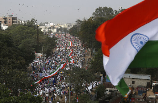 Indians participate in a protest against a new citizenship law that opponents say threatens India's secular identity, in Hyderabad, India, Friday, Jan. 10, 2020. The new citizenship law and a proposed National Register of Citizens have brought thousands of protesters out in the streets in many cities and towns since Parliament approved the measure on Dec. 11, leaving more than 20 dead in clashes between security forces and the protesters. (AP Photo/Mahesh Kumar A.)