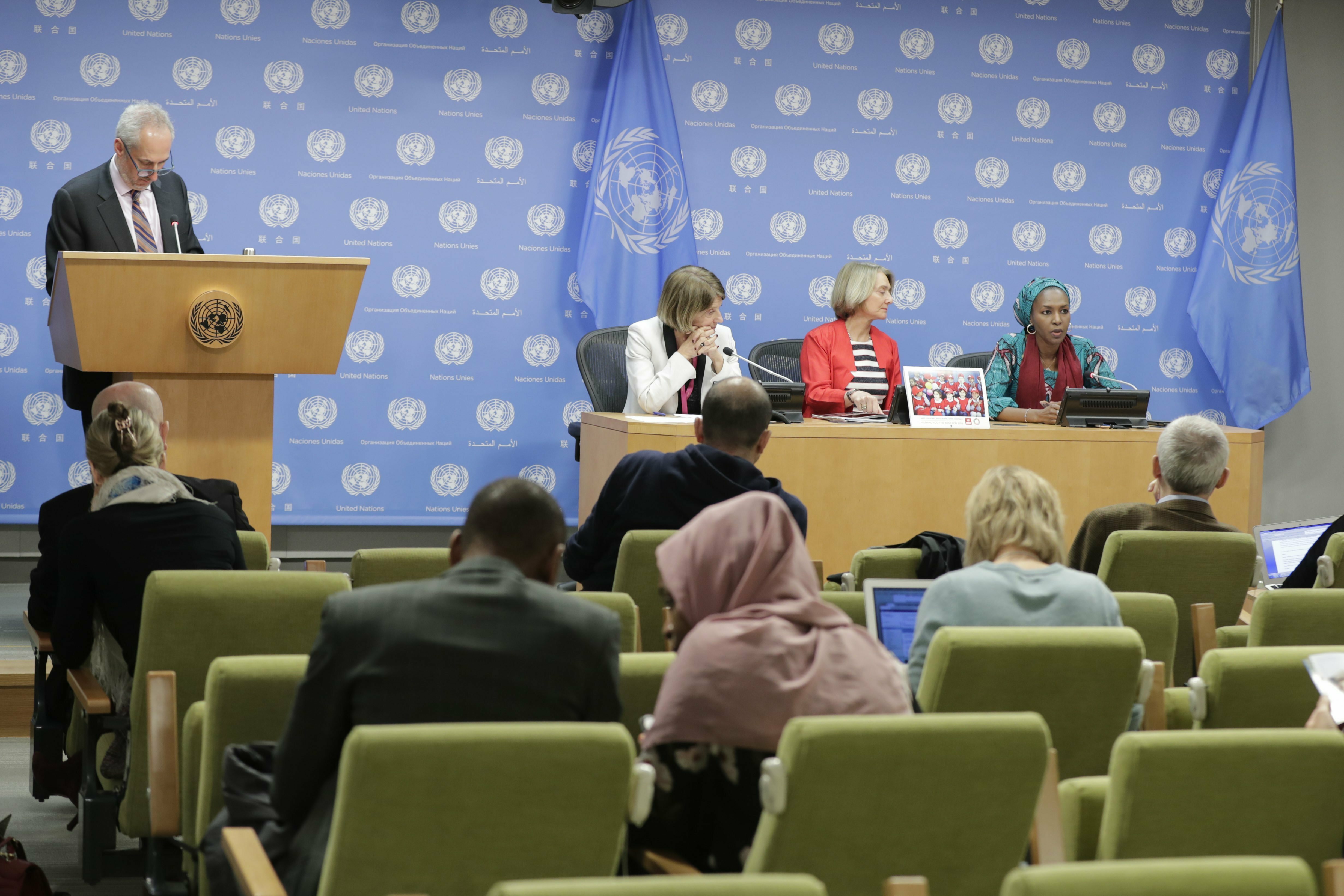 United Nations, New York, USA, April 04, 2019 - Agnes Marcaillou (centre), Director of the UN Mine Action Service, brief press as guest at the noon briefing on the occasion of the International Day for Mine Awareness and Assistance in Mine Action (4 April). Along with her are (at right) Fatima Kyari, Permanent Observer of the African Union to the United Nations, who briefed on the situation of landmines and explosive hazards in Africa, and Mona Juul, Permanent Representative of Norway to the United Nations, who represented the Presidency of the 4th Review Conference of the Anti-Personnel Mine Ban Convention (APMBC) today at the UN Headquarters in New York. Photo by: Luiz Rampelotto/EuropaNewswire/picture-alliance/dpa/AP Images