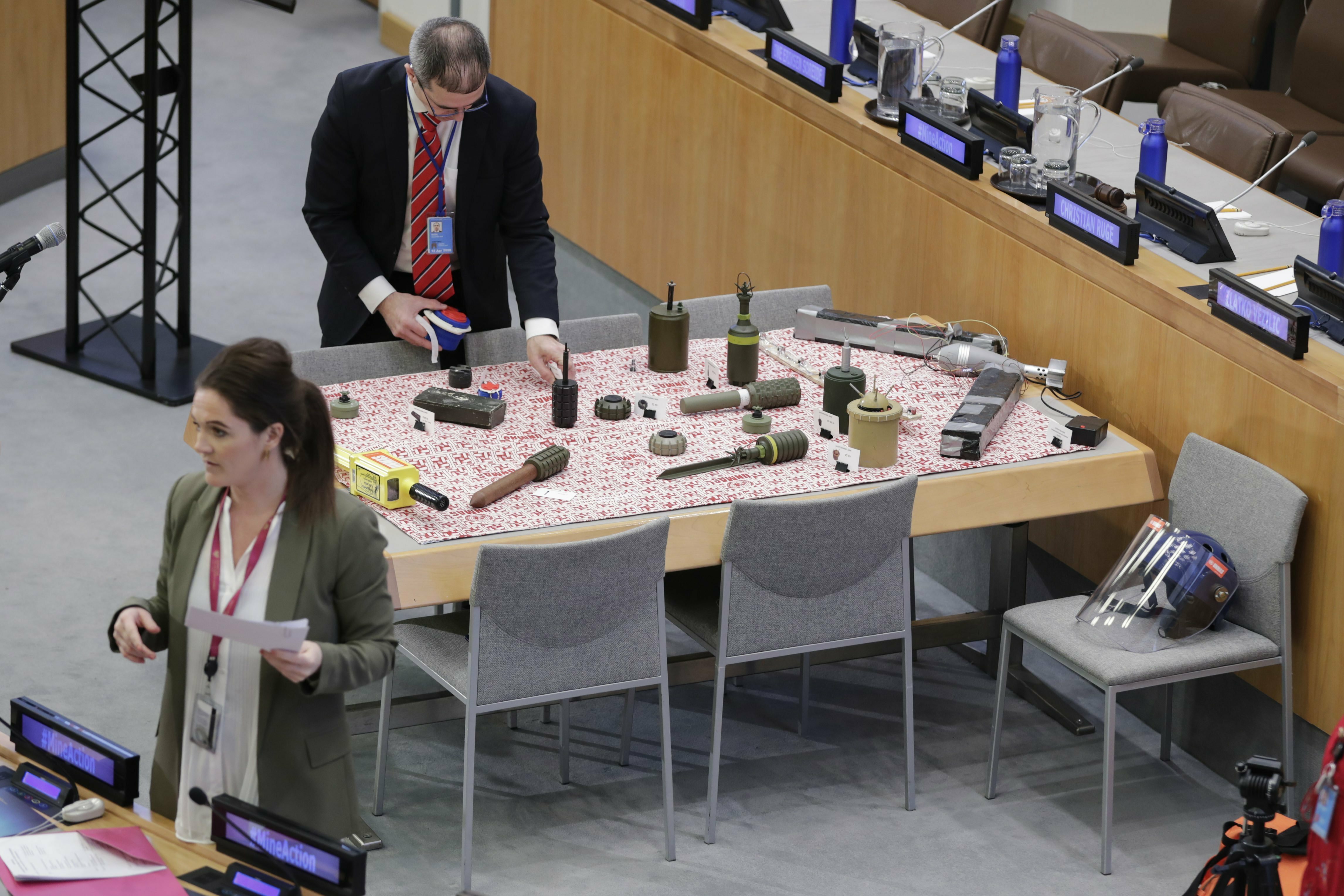 United Nations, New York, USA, March 01, 2019 - Delegates speak with staff members from the United Nations Mine Action Service (UNMAS) at the event 