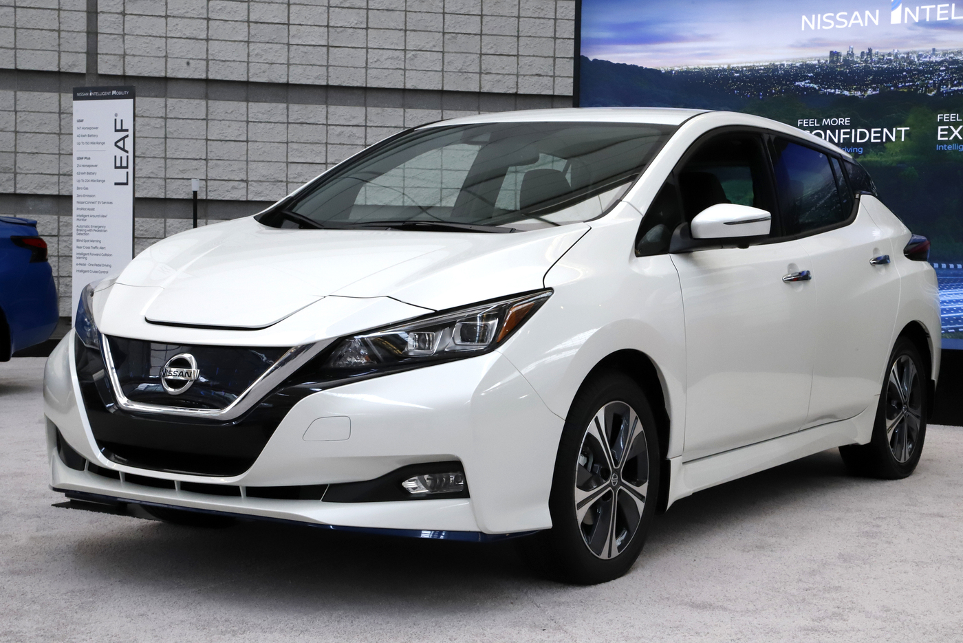 This is the 2020 Nissan Leaf on display at the 2020 Pittsburgh International Auto Show Thursday, Feb.13, 2020 in Pittsburgh. (AP Photo/Gene J. Puskar)