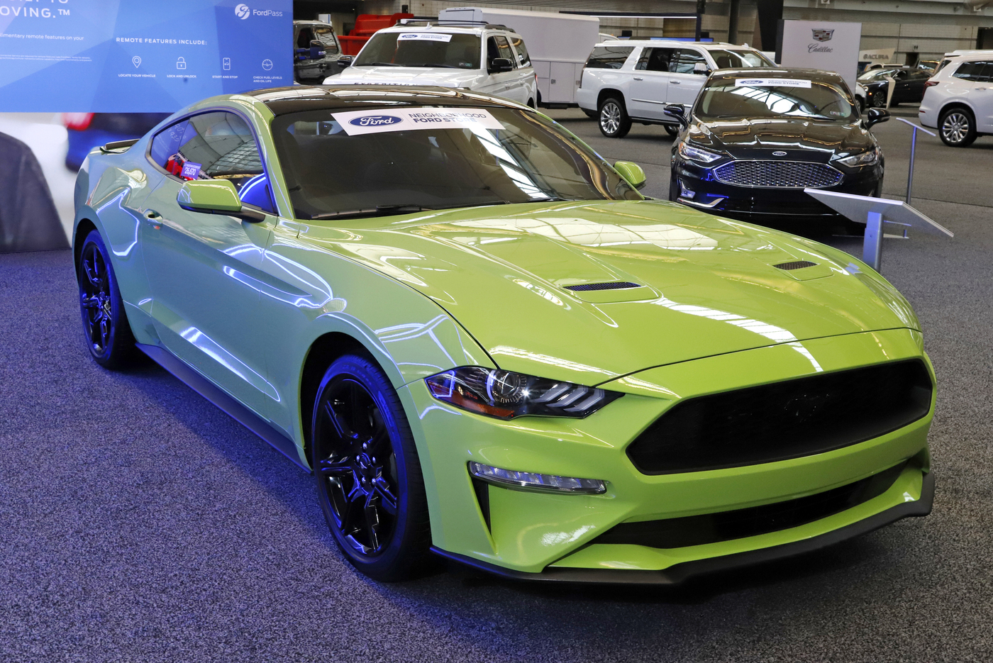 This is a 2020 Ford Mustang Ecoboost Coupe on display at the 2020 Pittsburgh International Auto Show Thursday, Feb.13, 2020 in Pittsburgh. (AP Photo/Gene J. Puskar)