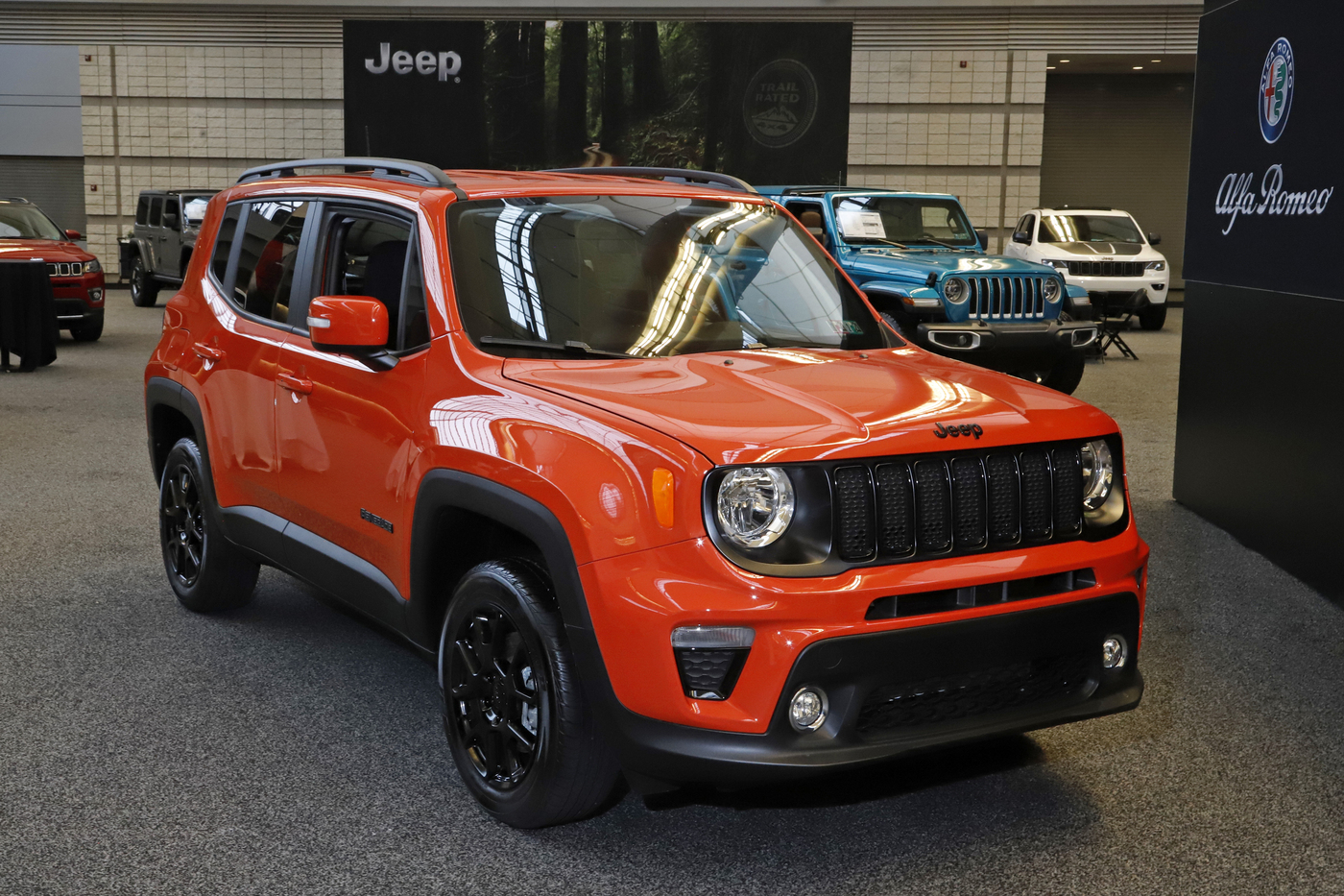 This is a 2020 Jeep Renegade Latitude 4x4 on display at the 2020 Pittsburgh International Auto Show Thursday, Feb.13, 2020 in Pittsburgh. (AP Photo/Gene J. Puskar)