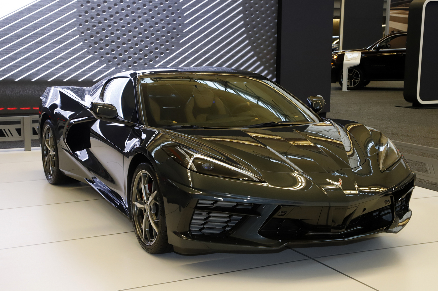 This is a 2020 Corvette Stingray on display at the 2020 Pittsburgh International Auto Show Thursday, Feb.13, 2020 in Pittsburgh. (AP Photo/Gene J. Puskar)