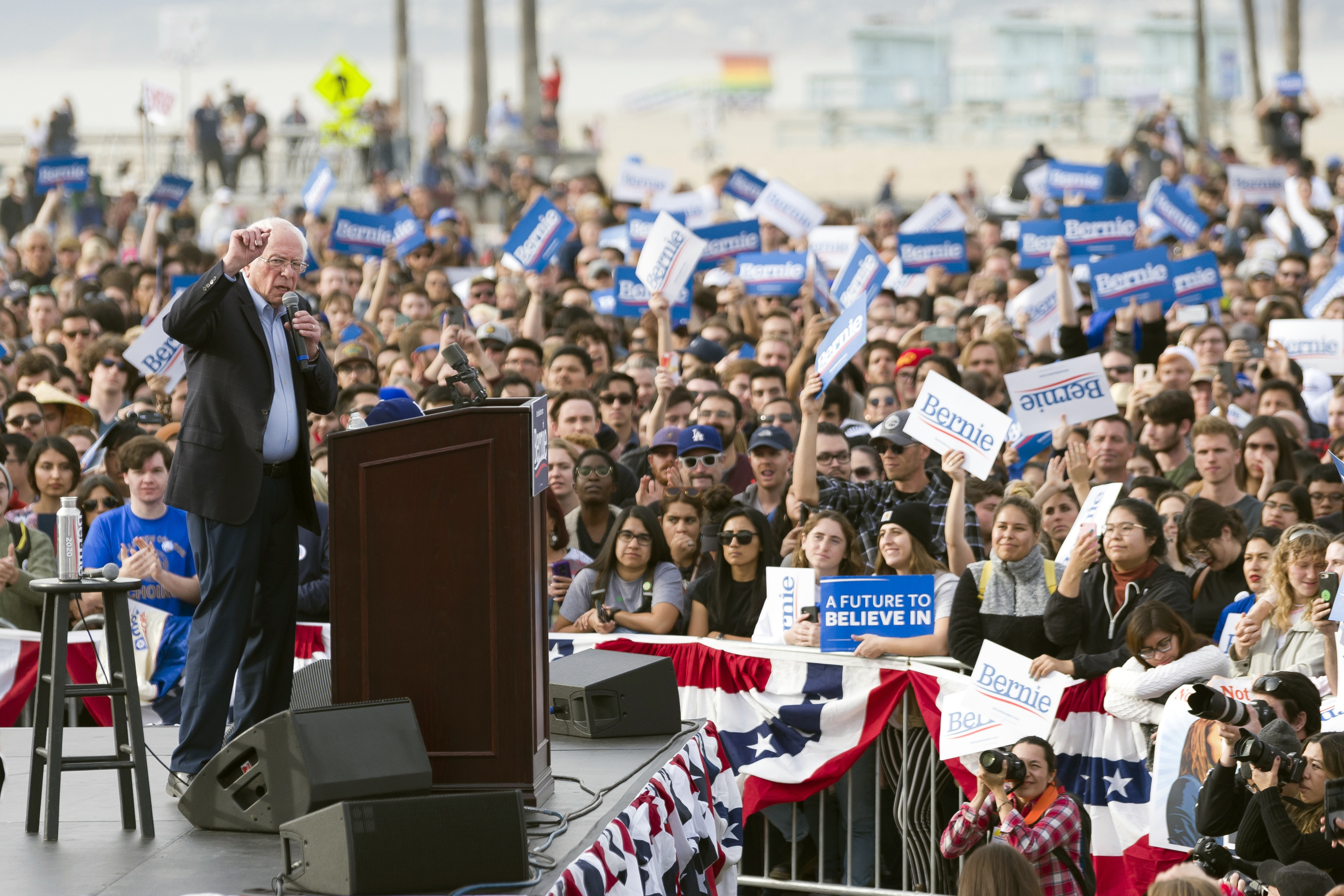 FILE - In this Dec. 21, 2019, file photo, Democratic presidential candidate Sen. Bernie Sanders, I-Vt., speaks during a rally in Venice, Calif. California is the largest prize in the calculations of any Democratic presidential candidate, but it rarely seems that way.  (AP Photo/Kelvin Kuo, File)