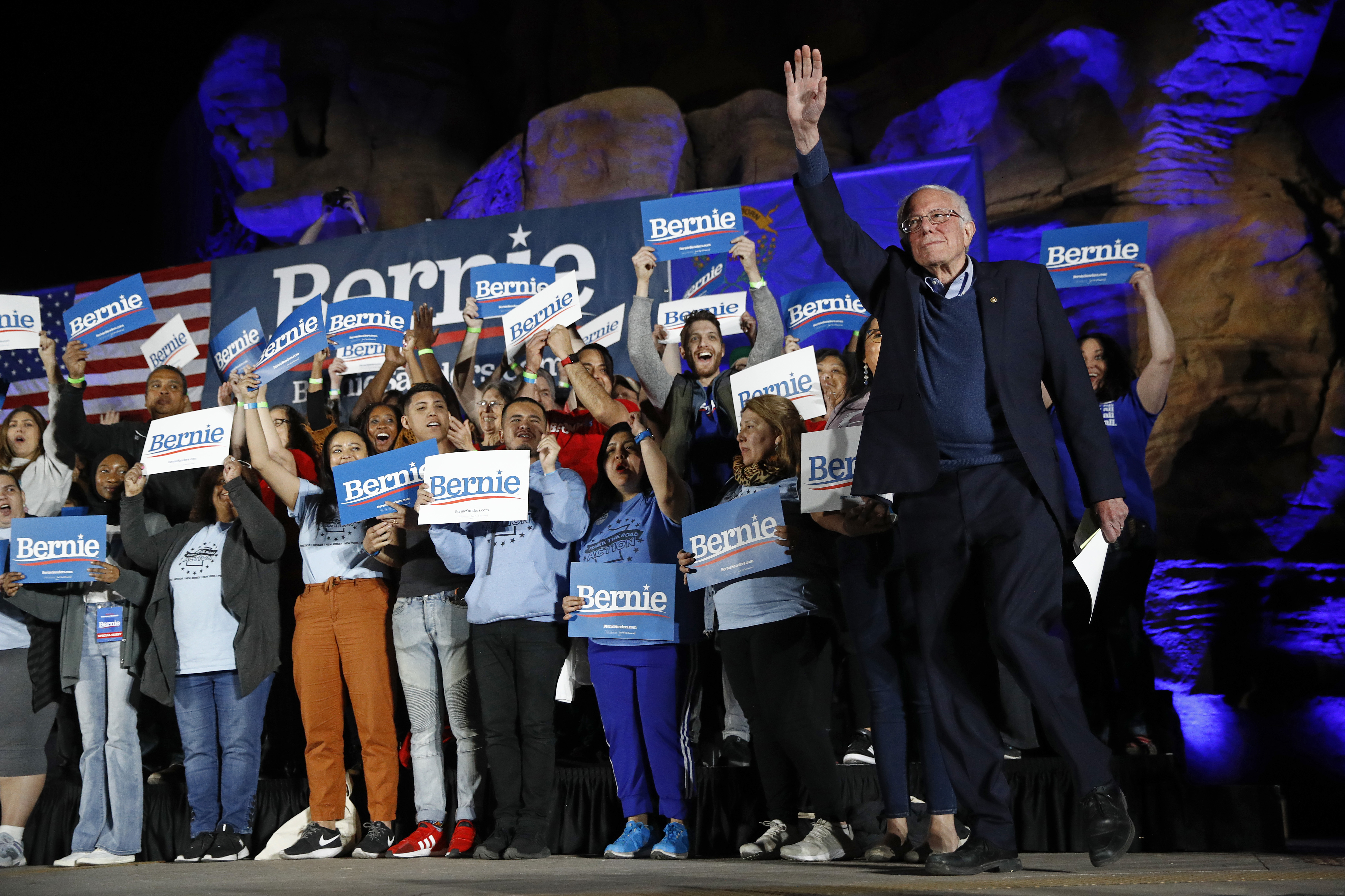 Democratic presidential candidate Sen. Bernie Sanders, I-Vt., walks onstage to speak at a campaign event at Springs Preserve in Las Vegas, Friday, Feb. 21, 2020. (AP Photo/Patrick Semansky)
