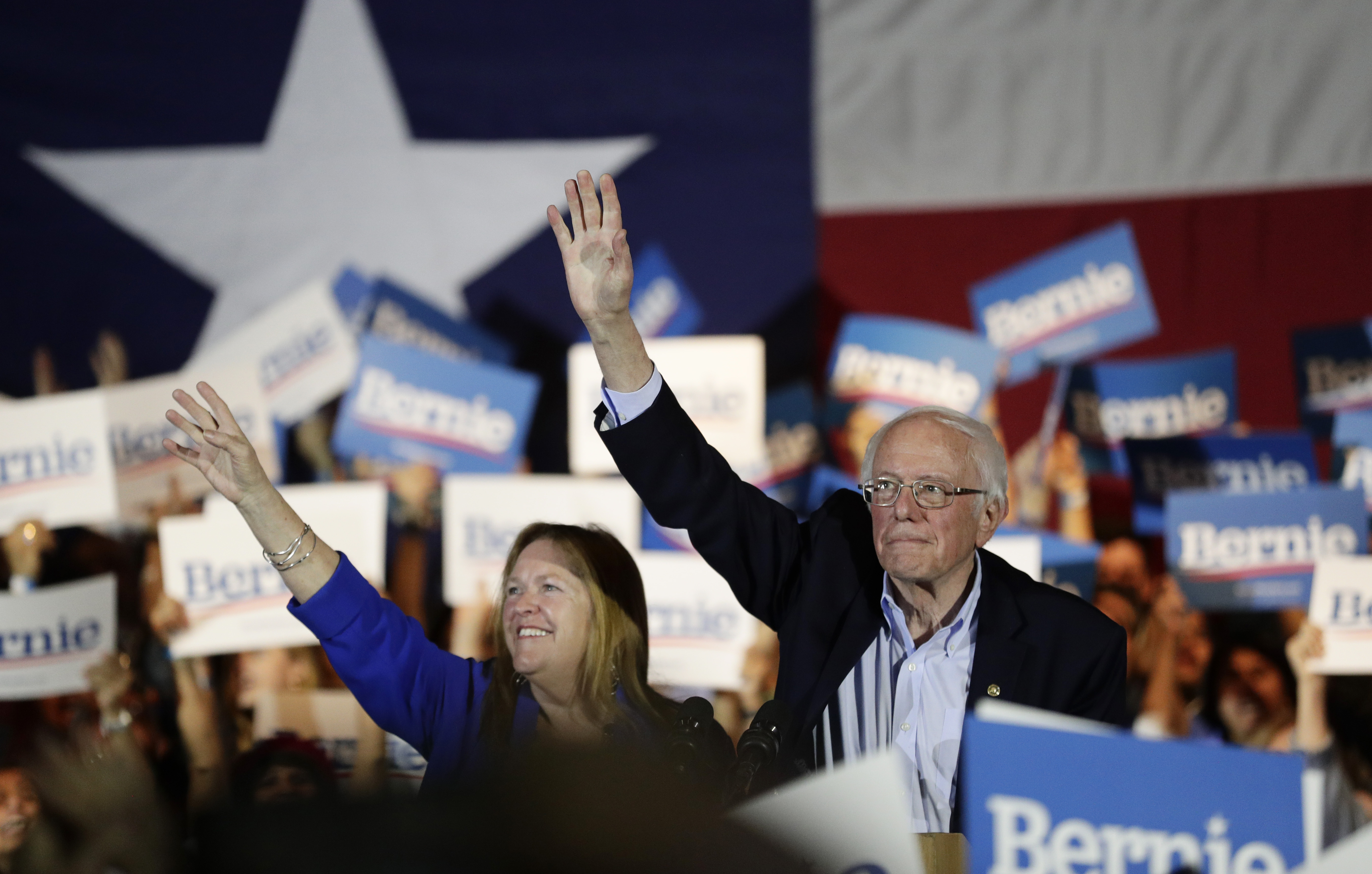Democratic presidential candidate Sen. Bernie Sanders, I-Vt., right, with his wife Jane, attends a campaign event in San Antonio, Saturday, Feb. 22, 2020. (AP Photo/Eric Gay)