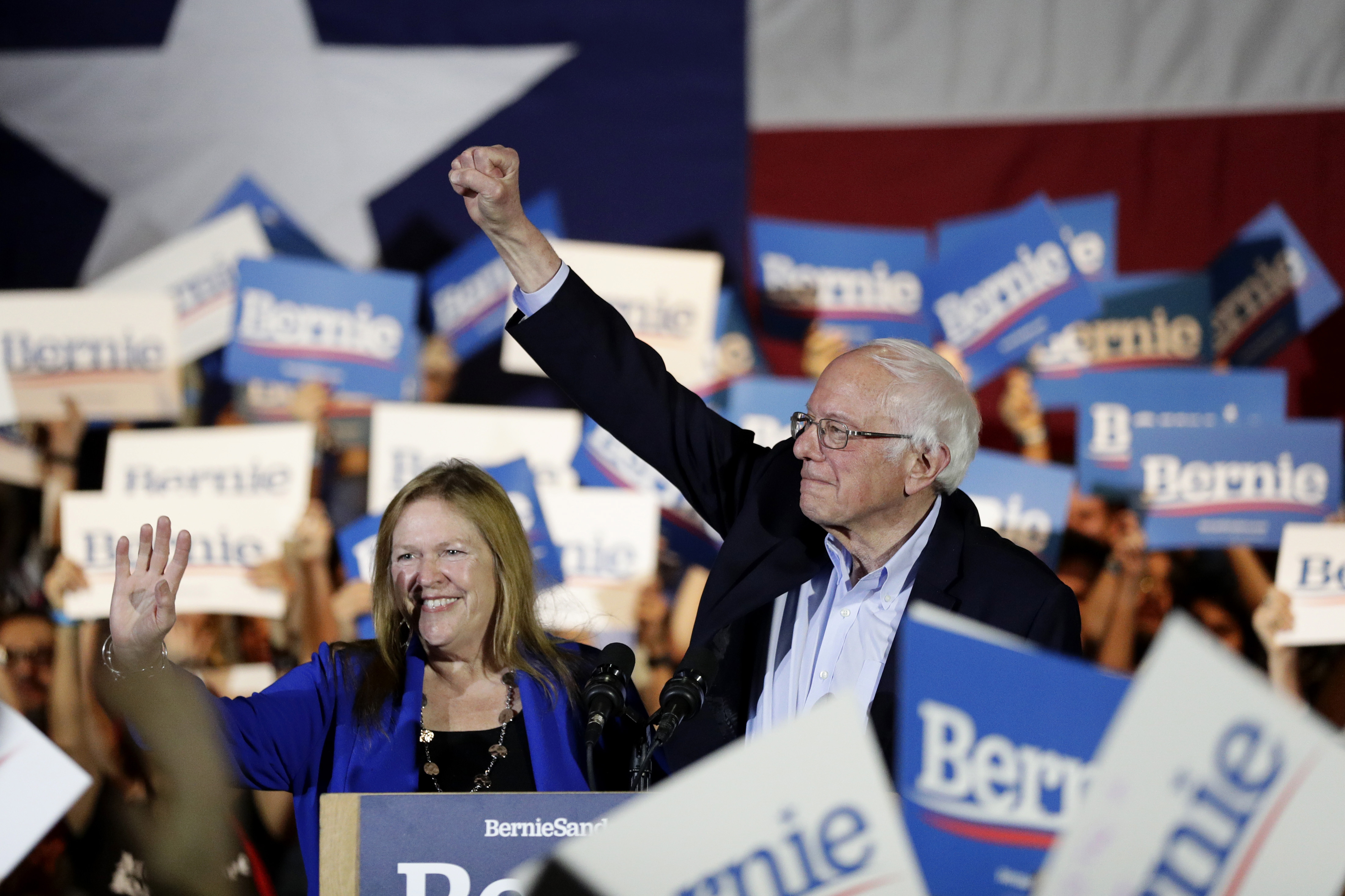 Democratic presidential candidate Sen. Bernie Sanders, I-Vt., right, with his wife Jane, speaks during a campaign event in San Antonio, Saturday, Feb. 22, 2020. (AP Photo/Eric Gay)