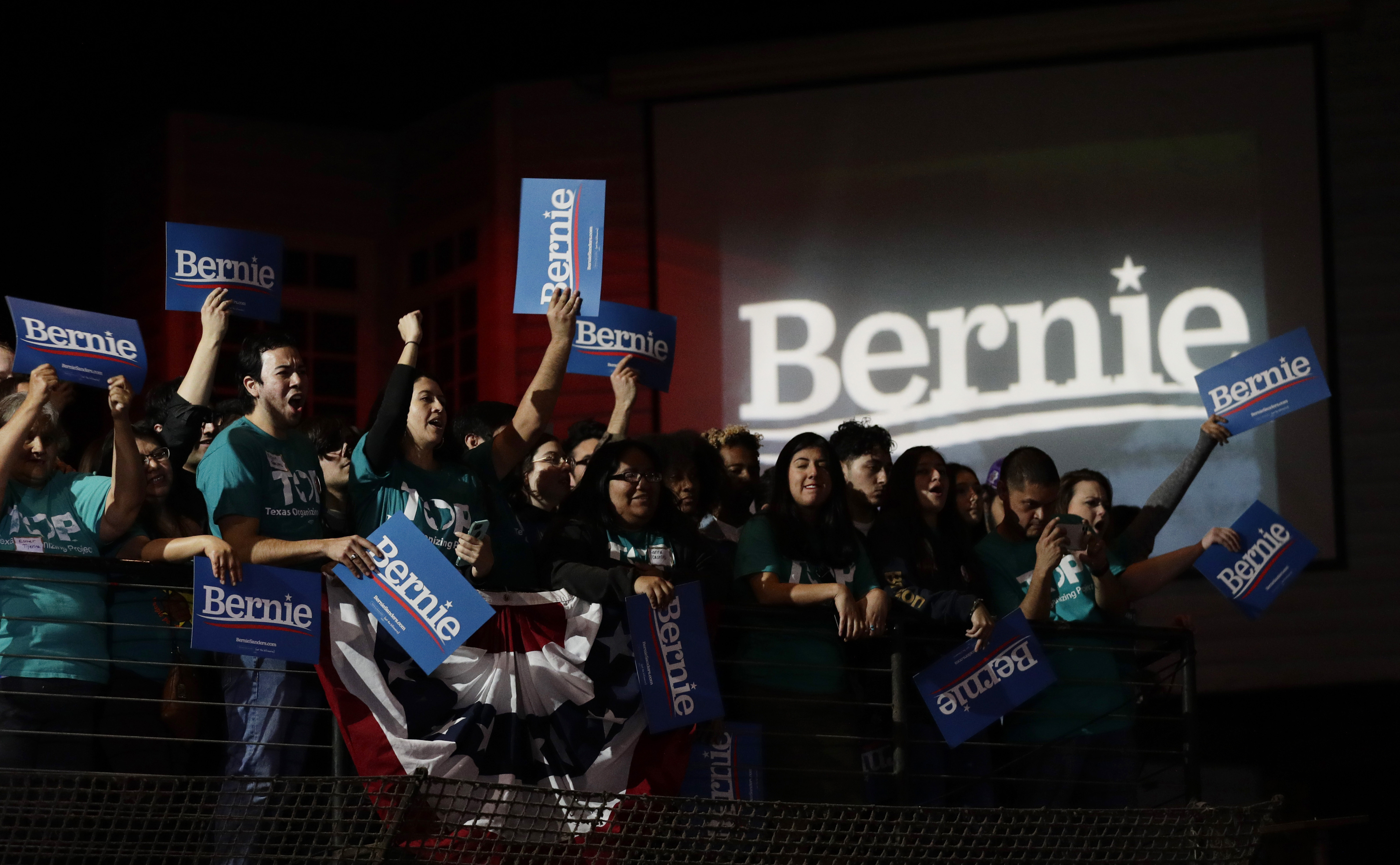 Supporters of Democratic presidential candidate Sen. Bernie Sanders, I-Vt., cheer during a campaign event in San Antonio, Saturday, Feb. 22, 2020. (AP Photo/Eric Gay)