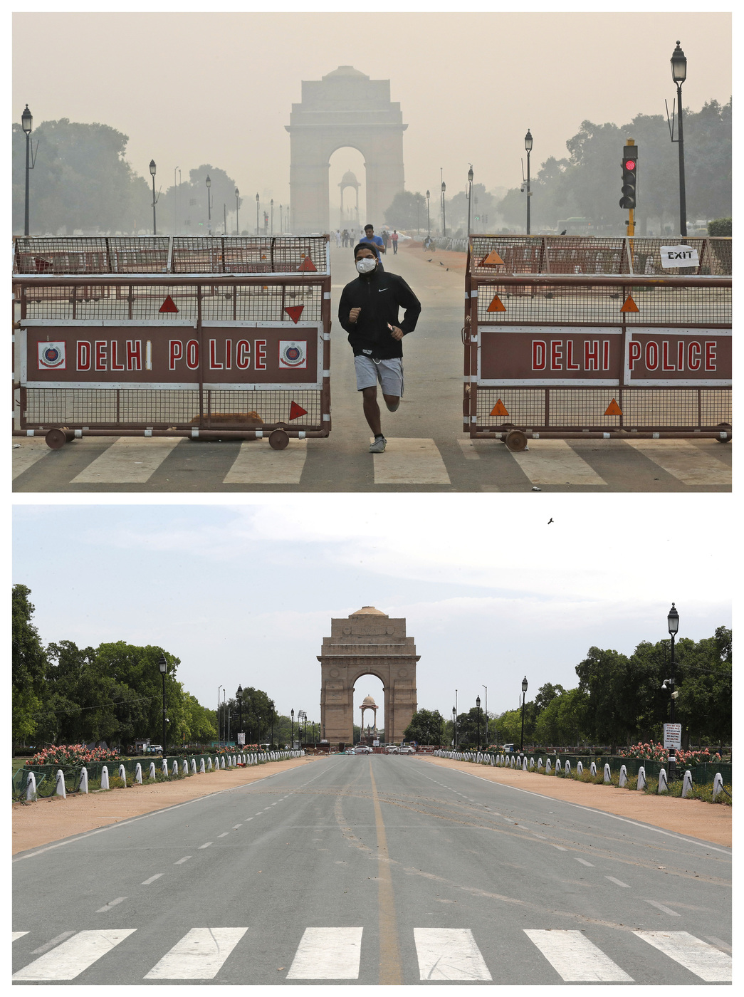 This combination of Monday, Oct. 28, 2019, top, and Monday, April 20, 2020 photos shows India Gate in New Delhi. India's air quality improved drastically during a nationwide lockdown to curb the COVID-19 coronavirus. (AP Photo/Manish Swarup)