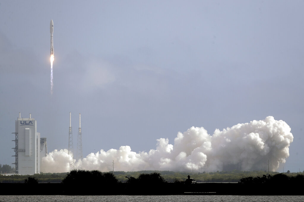 A United Launch Alliance Atlas V rocket lifts off from Launch Complex 41 at the Cape Canaveral Air Force Station, Sunday, May 17, 2020, in Cape Canaveral, Fla. The mission's primary payload is the X-37B spaceplane. (AP Photo/John Raoux)