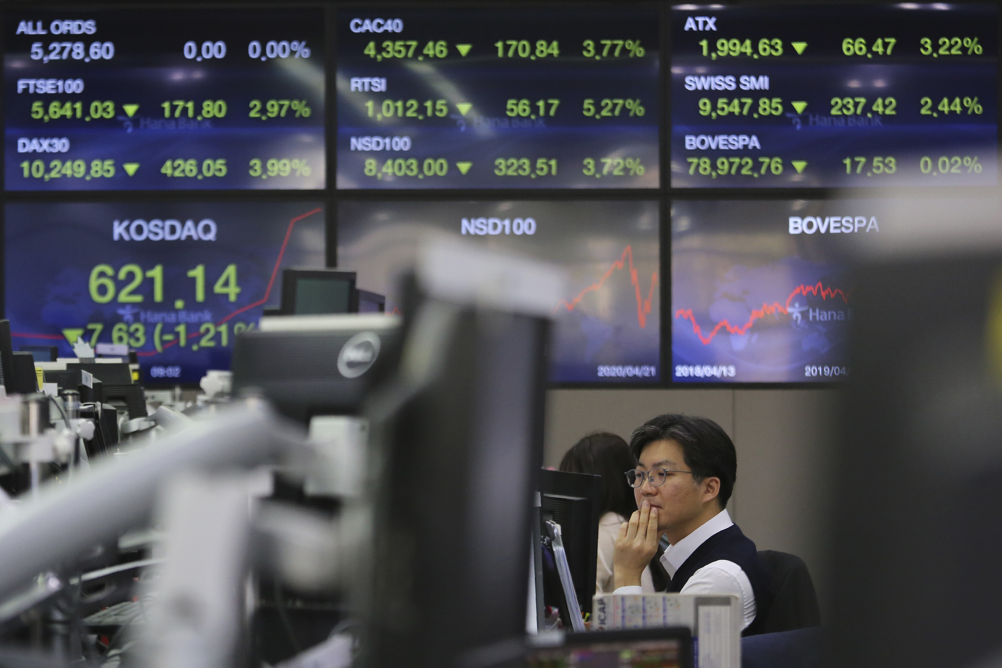 A currency trader watches monitors at the foreign exchange dealing room of the KEB Hana Bank headquarters in Seoul, South Korea, Wednesday, April 22, 2020. Asian stock markets fell further Wednesday as oil prices recovered some of their record-setting losses amid anxiety about the coronavirus pandemic's mounting economic damage. (AP Photo/Ahn Young-joon)