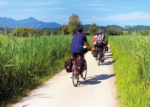 Un gruppo di amici in bici in campagna