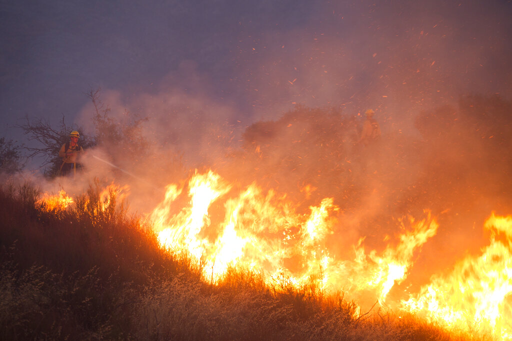 Firefighters battle the Apple Fire in Banning, Calif., Saturday, Aug. 1, 2020. (AP Photo/Ringo H.W. Chiu)