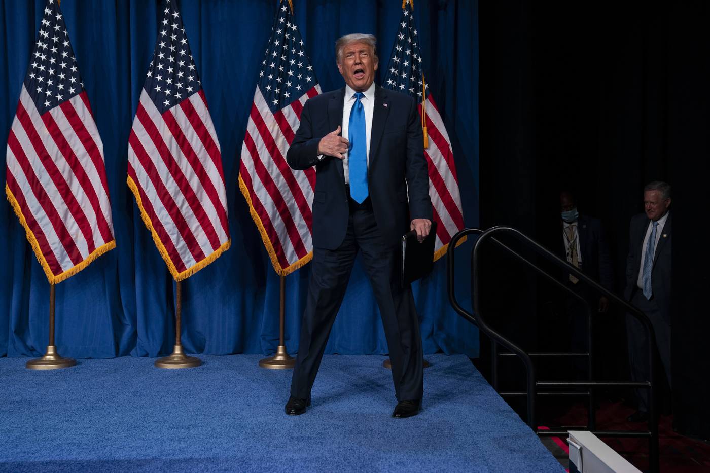 President Donald Trump arrives to speak at Republican National Committee convention, Monday, Aug. 24, 2020, in Charlotte. (AP Photo/Evan Vucci)