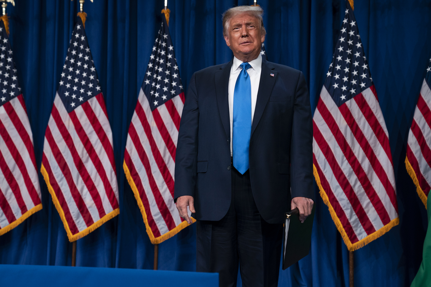 President Donald Trump arrives to speak at Republican National Committee convention, Monday, Aug. 24, 2020, in Charlotte. (AP Photo/Evan Vucci)