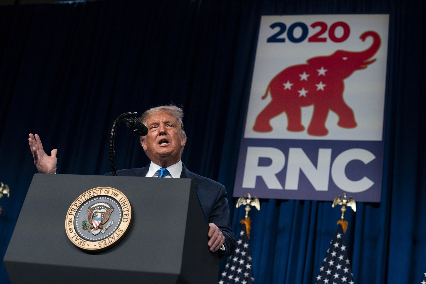 President Donald Trump arrives to speak at Republican National Committee convention, Monday, Aug. 24, 2020, in Charlotte. (AP Photo/Evan Vucci)