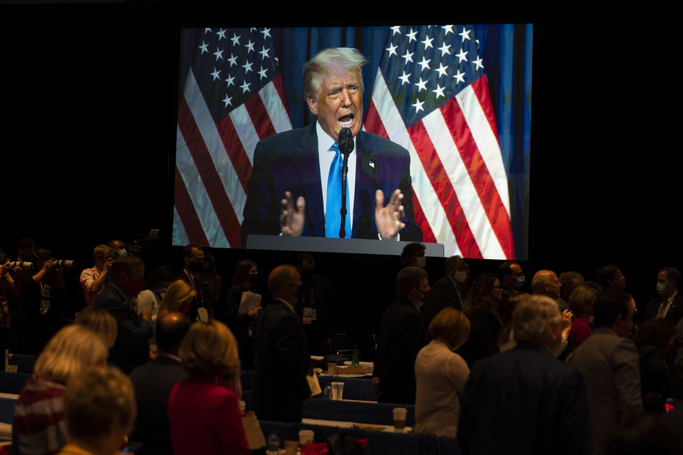 President Donald Trump speaks at Republican National Committee convention, Monday, Aug. 24, 2020, in Charlotte. (AP Photo/Evan Vucci)