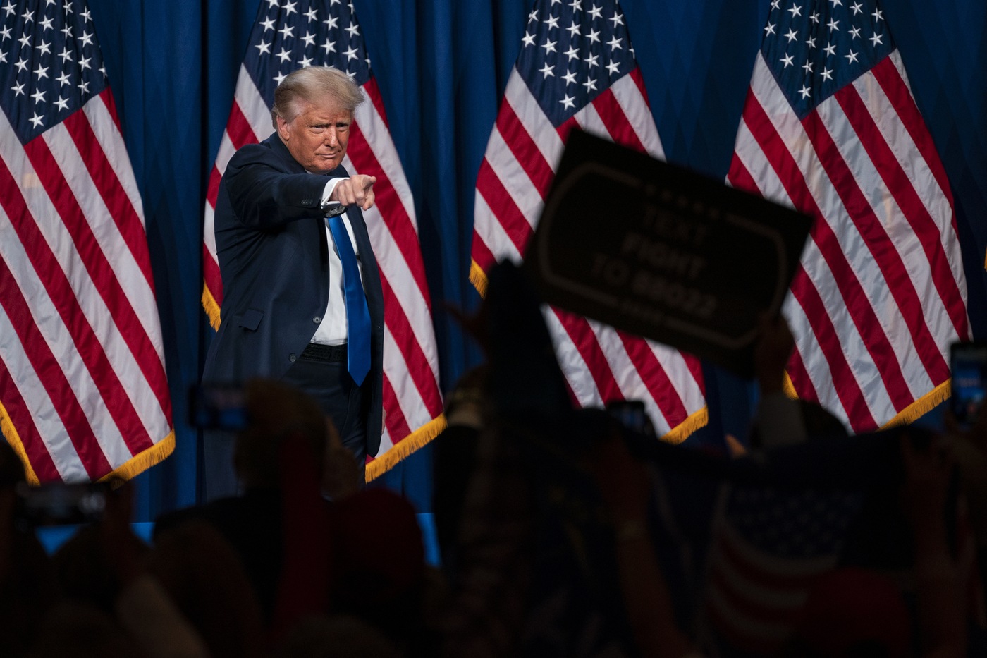 President Donald Trump gestures to the crowd after speaking at Republican National Committee convention, Monday, Aug. 24, 2020, in Charlotte. (AP Photo/Evan Vucci)