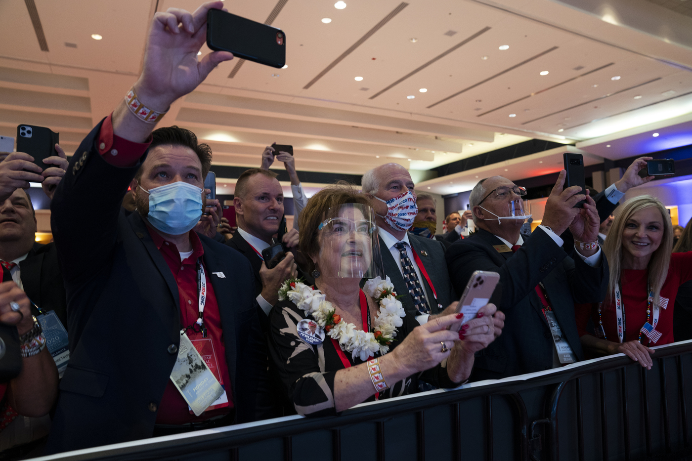 Delegates cheer as President Donald Trump arrives to speak at Republican National Committee convention, Monday, Aug. 24, 2020, in Charlotte. (AP Photo/Evan Vucci)