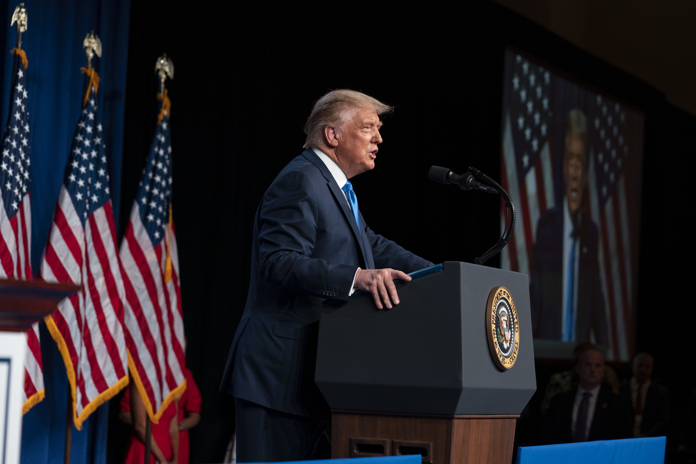 President Donald Trump speaks at Republican National Committee convention, Monday, Aug. 24, 2020, in Charlotte. (AP Photo/Evan Vucci)