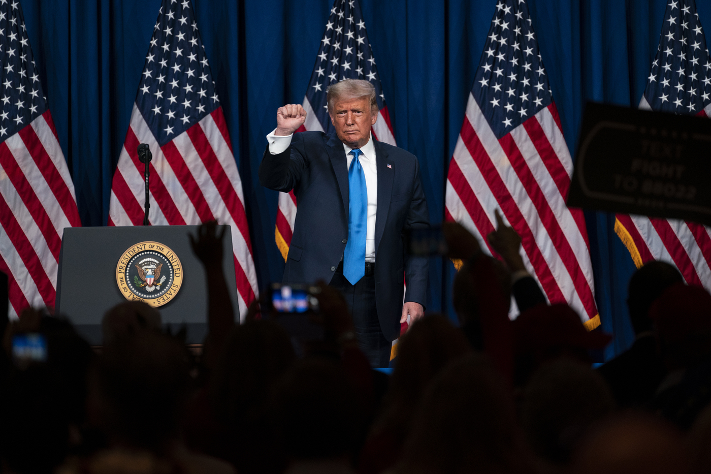 President Donald Trump gestures to the crowd after speaking at Republican National Committee convention, Monday, Aug. 24, 2020, in Charlotte. (AP Photo/Evan Vucci)