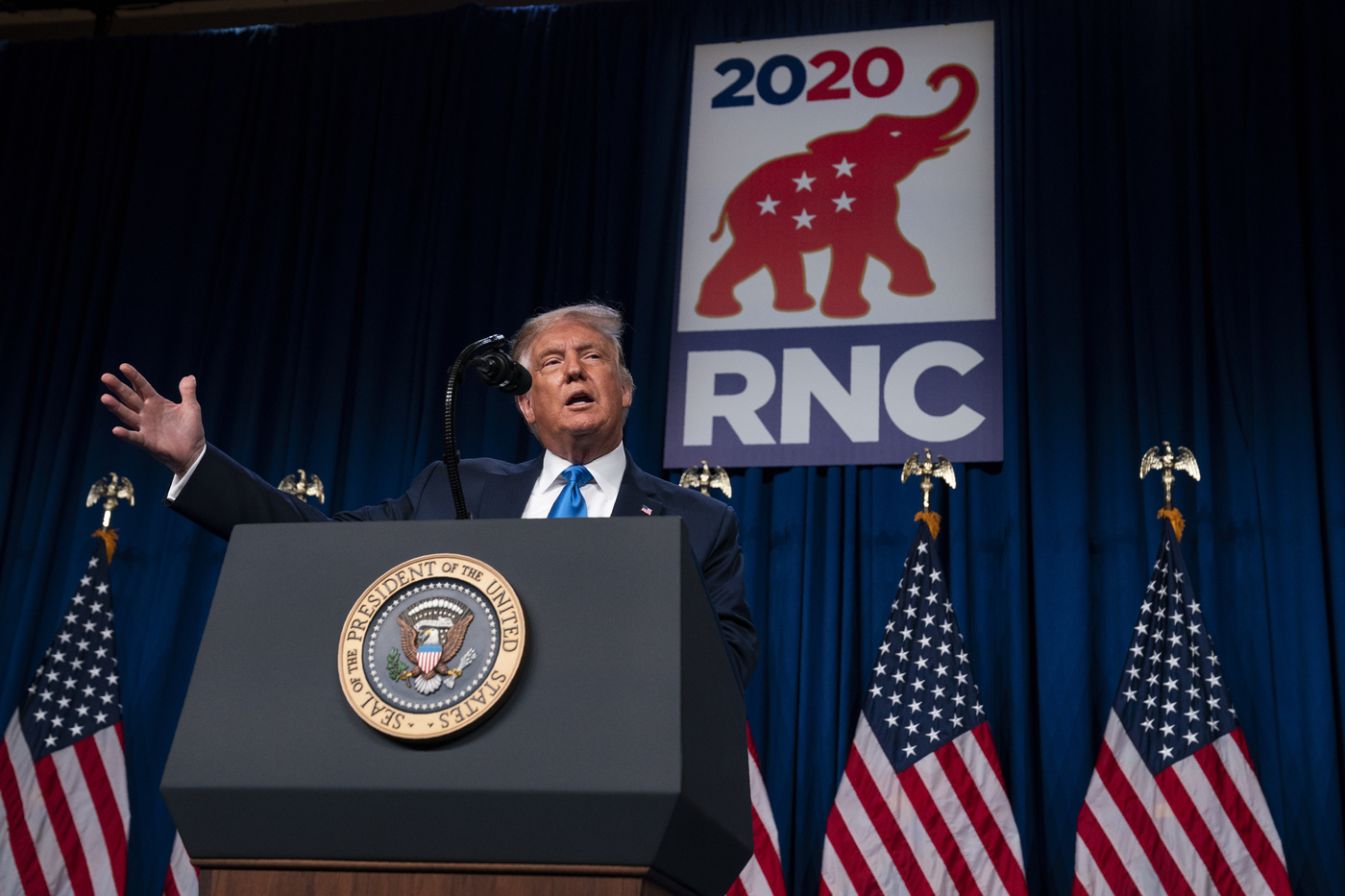 President Donald Trump arrives to speak at Republican National Committee convention, Monday, Aug. 24, 2020, in Charlotte. (AP Photo/Evan Vucci)
