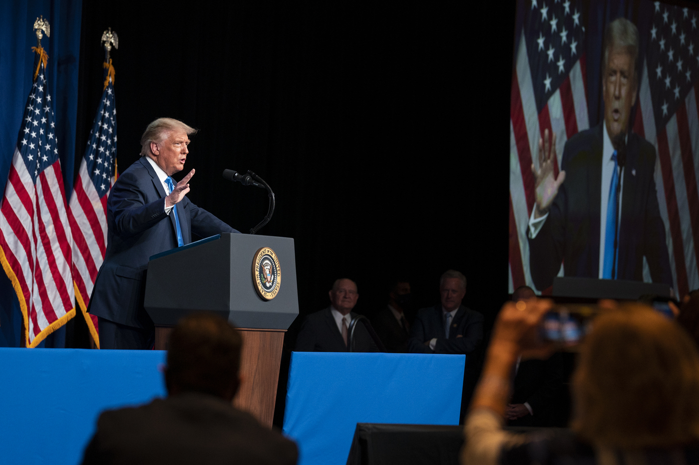 President Donald Trump speaks at Republican National Committee convention, Monday, Aug. 24, 2020, in Charlotte. (AP Photo/Evan Vucci)